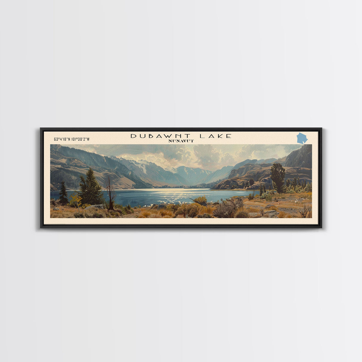 Dubawnt Lake Panoramic Framed Canvas Print, Lake House Decor, Wall Art, Travel Poster, Modern Lake Painting, Nature Art