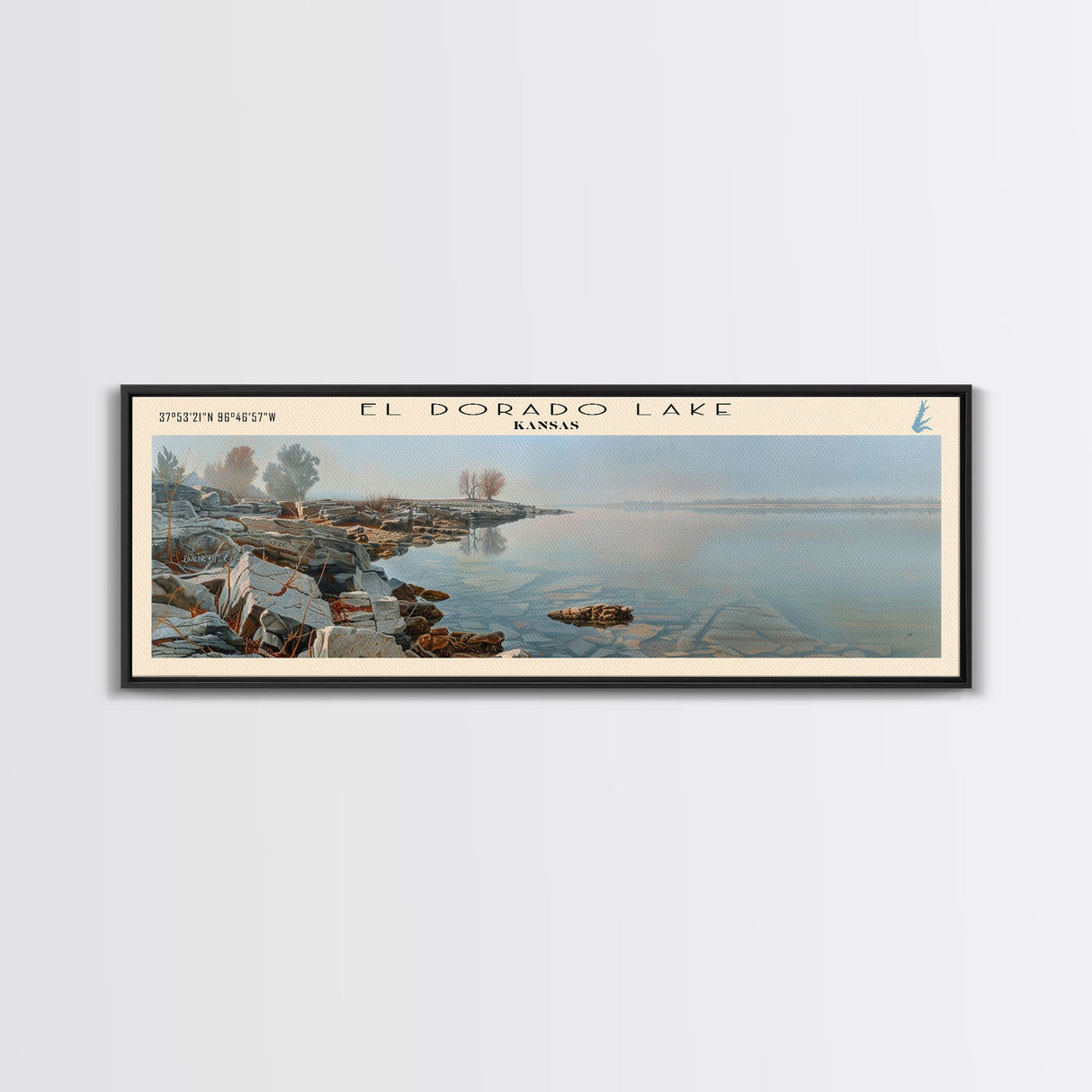 El Dorado Lake Kansas Framed Canvas Print, Lake House Decor, Panoramic Wall Art, Travel Poster, Rustic Lake Painting, Nature Art