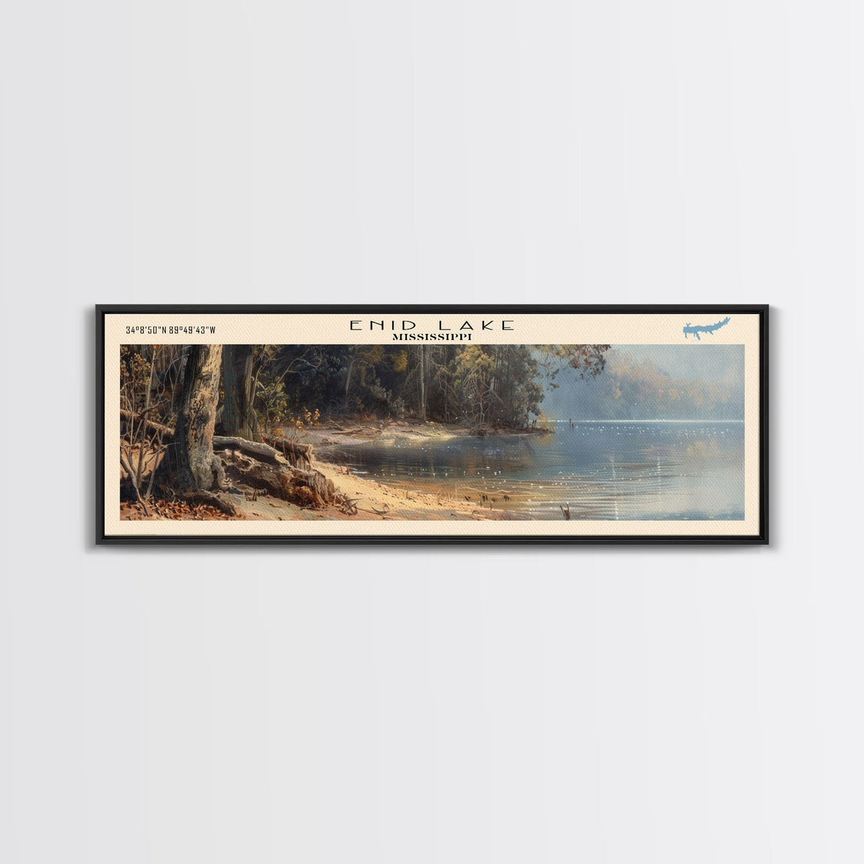 Enid Lake Mississippi Framed Canvas Print, Lake House Decor, Panoramic Wall Art, Travel Poster, Modern Lake Painting, Nature Art