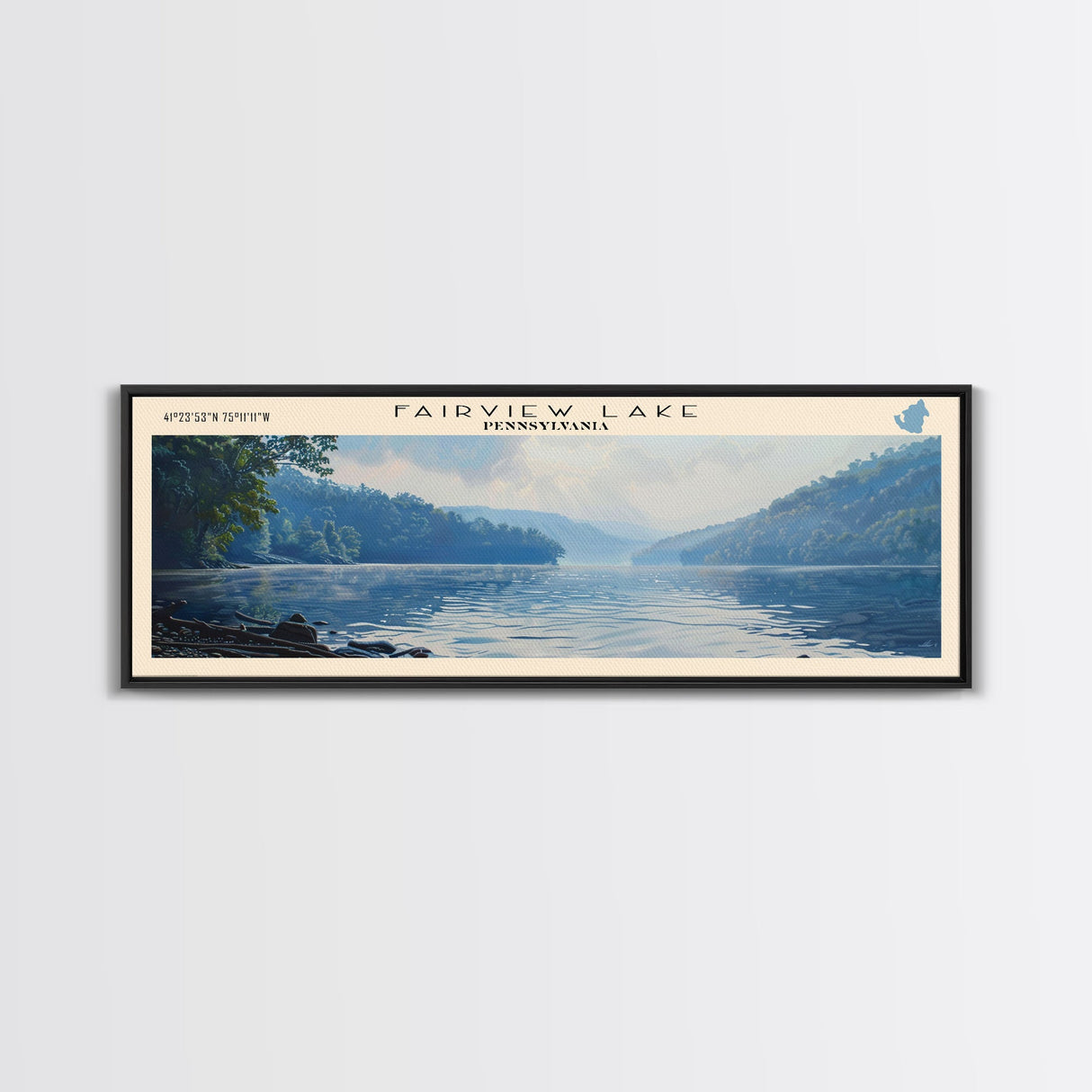 Fairview Lake Pennsylvania Framed Canvas Print, Lake House Decor, Panoramic Wall Art, Travel Poster, Rustic Lake Painting, Home Decor