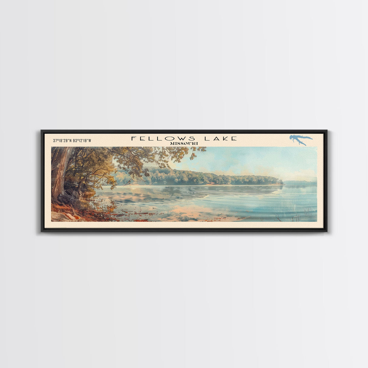 Fellows Lake Missouri Framed Canvas Print, Lake House Decor, Panoramic Wall Art, Travel Poster, Rustic Lake Painting, Home Decor