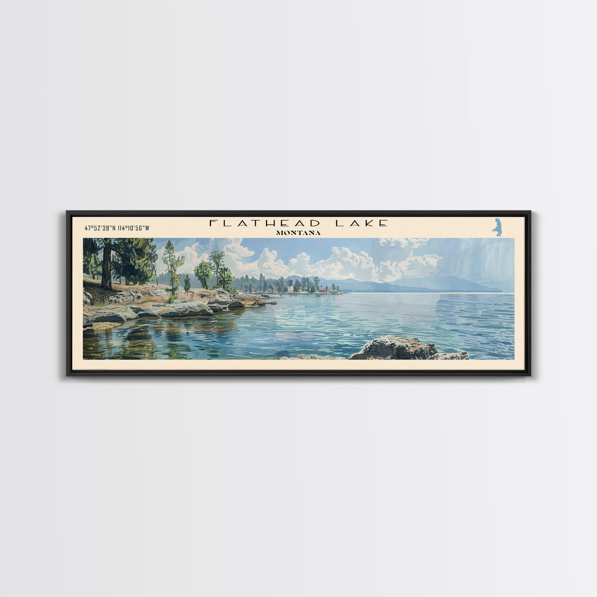 Flathead Lake Montana Framed Canvas Print, Lake House Art, Panoramic Wall Art, Travel Poster, Captivating Lake Painting, Home Decor