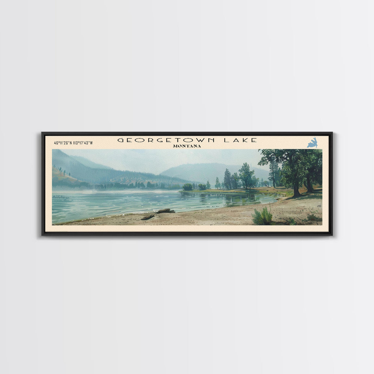 Georgetown Lake Montana Framed Canvas Print, Lake House Art, Panoramic Wall Art, Travel Poster, Scenic Lake Painting, Home Decor