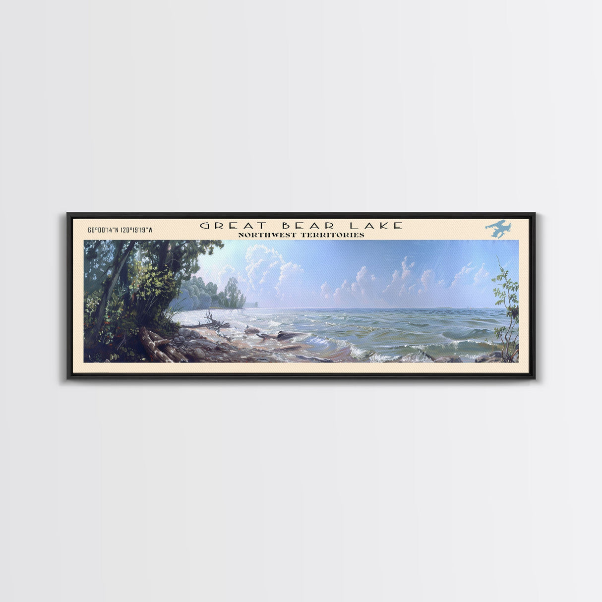 Great Bear Lake Framed Canvas Print, Lake House Decor, Panoramic Wall Art, Travel Poster, Picturesque Lake Painting, Nature Art