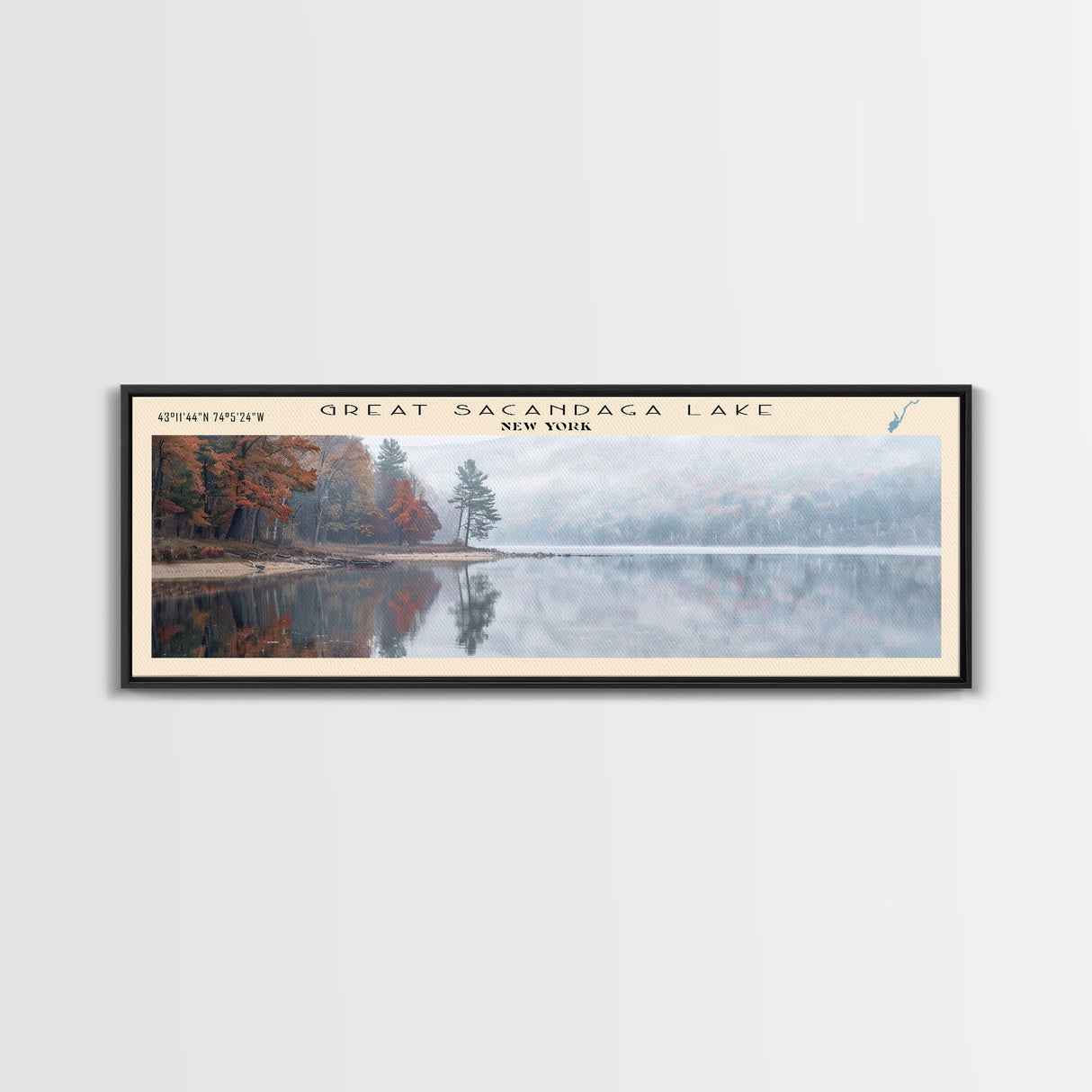 Great Sacandaga Lake Framed Canvas Print, Lake House Art, Panoramic Wall Art, Travel Poster, Serene Lake Painting, Home Decor