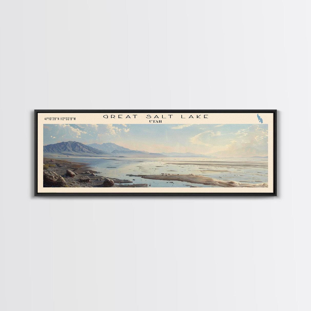 Great Salt Lake Framed Canvas Print, Panoramic Lake House Decor, Wall Art, Travel Poster, Vibrant Lake Painting, Nature Art