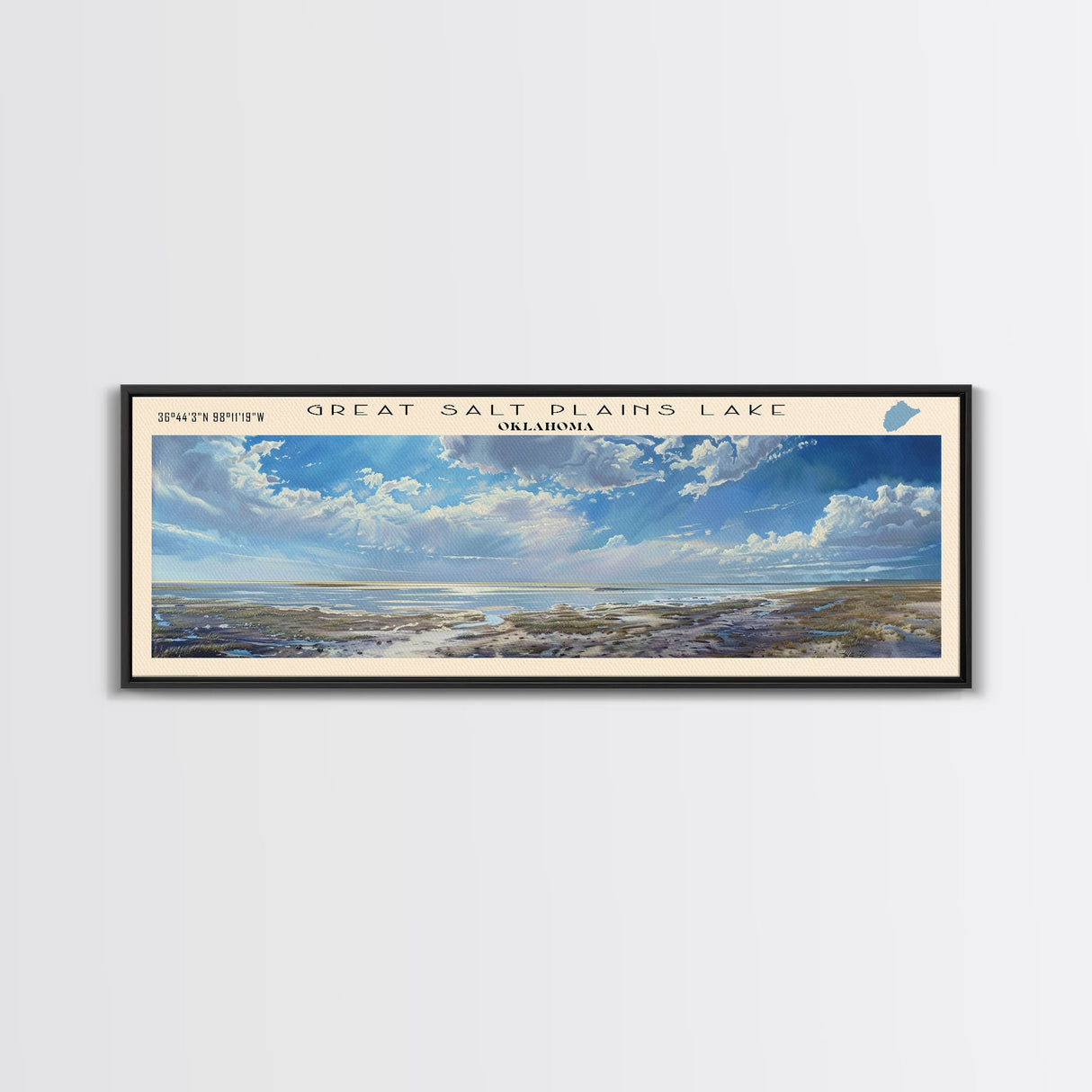 Great Salt Plains Lake Oklahoma Framed Canvas Print, Lake House Art, Panoramic Wall Art, Travel Poster, Scenic Lake Painting, Home Decor