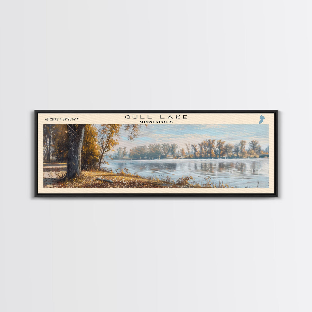 Gull Lake Minneapolis Framed Canvas Print, Lake House Art, Panoramic Wall Art, Travel Poster, Serene Lake Painting, Home Decor