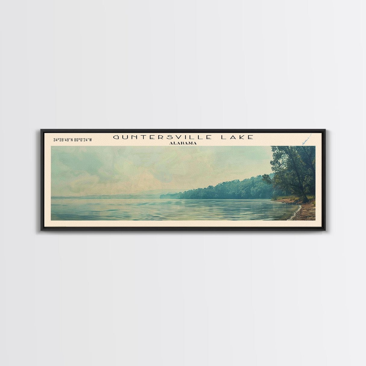 Guntersville Lake Alabama Framed Canvas Print, Panoramic Lake House Decor, Wall Art, Travel Poster, Peaceful Lake Painting, Nature Art