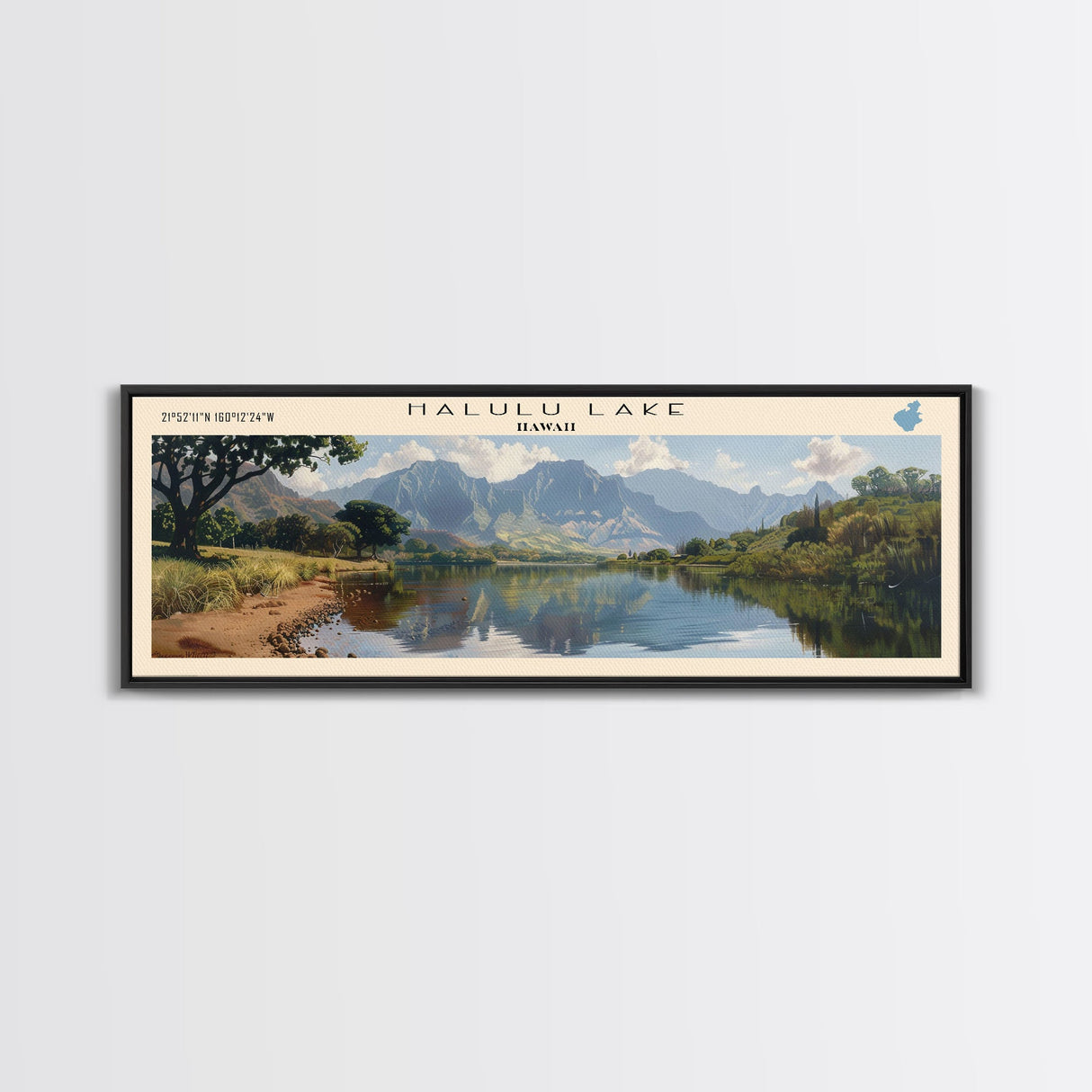 Halulu Lake Hawaii Framed Canvas Print, Lake House Art, Panoramic Wall Art, Travel Poster, Beautiful Lake Painting, Home Decor