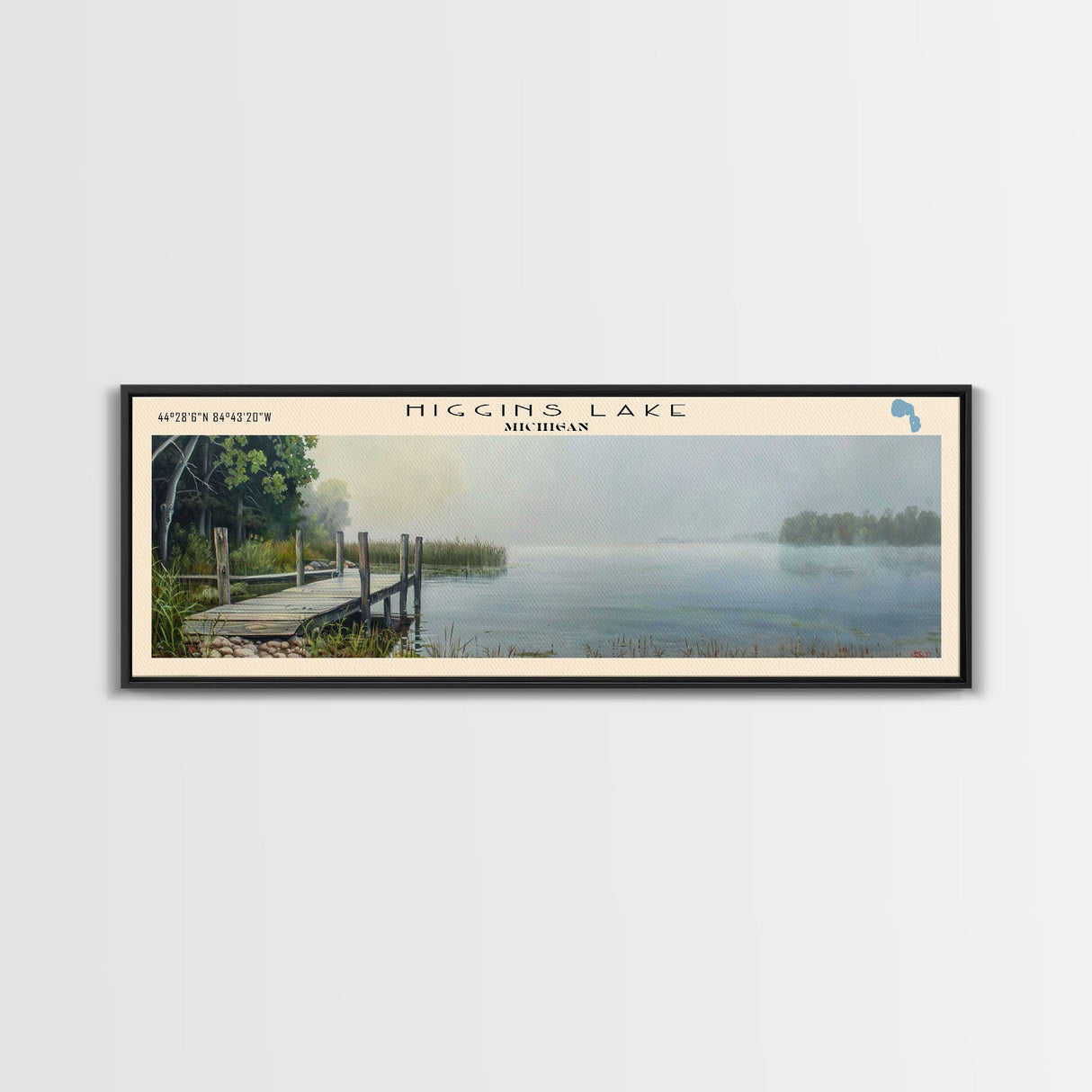 Higgins Lake Michigan Framed Canvas Print, Lake House Art, Panoramic Wall Art, Travel Poster, Serene Lake Painting, Home Decor