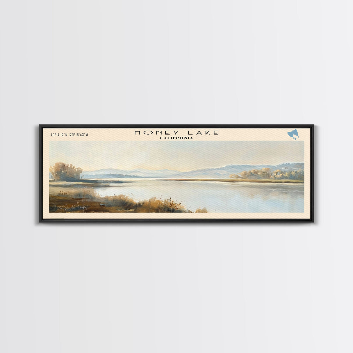 Honey Lake Framed Canvas Print, Lake House Art, Panoramic Travel Poster, Wall Art, Stunning Lake Painting, Home Decor