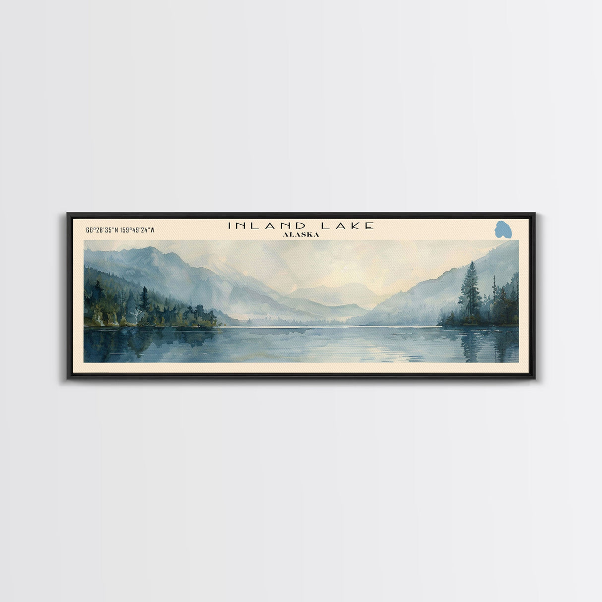 Inland Lake Framed Canvas Print, Lake House Art, Panoramic Wall Art, Travel Poster, Scenic Lake Painting, Nature Art