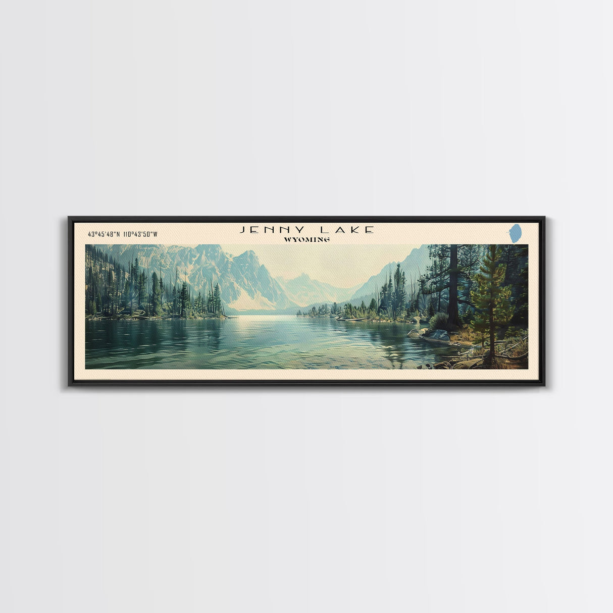 Jenny Lake Wyoming Framed Canvas Print, Lake House Decor, Panoramic Wall Art, Travel Poster, Beautiful Lake Painting, Nature Art