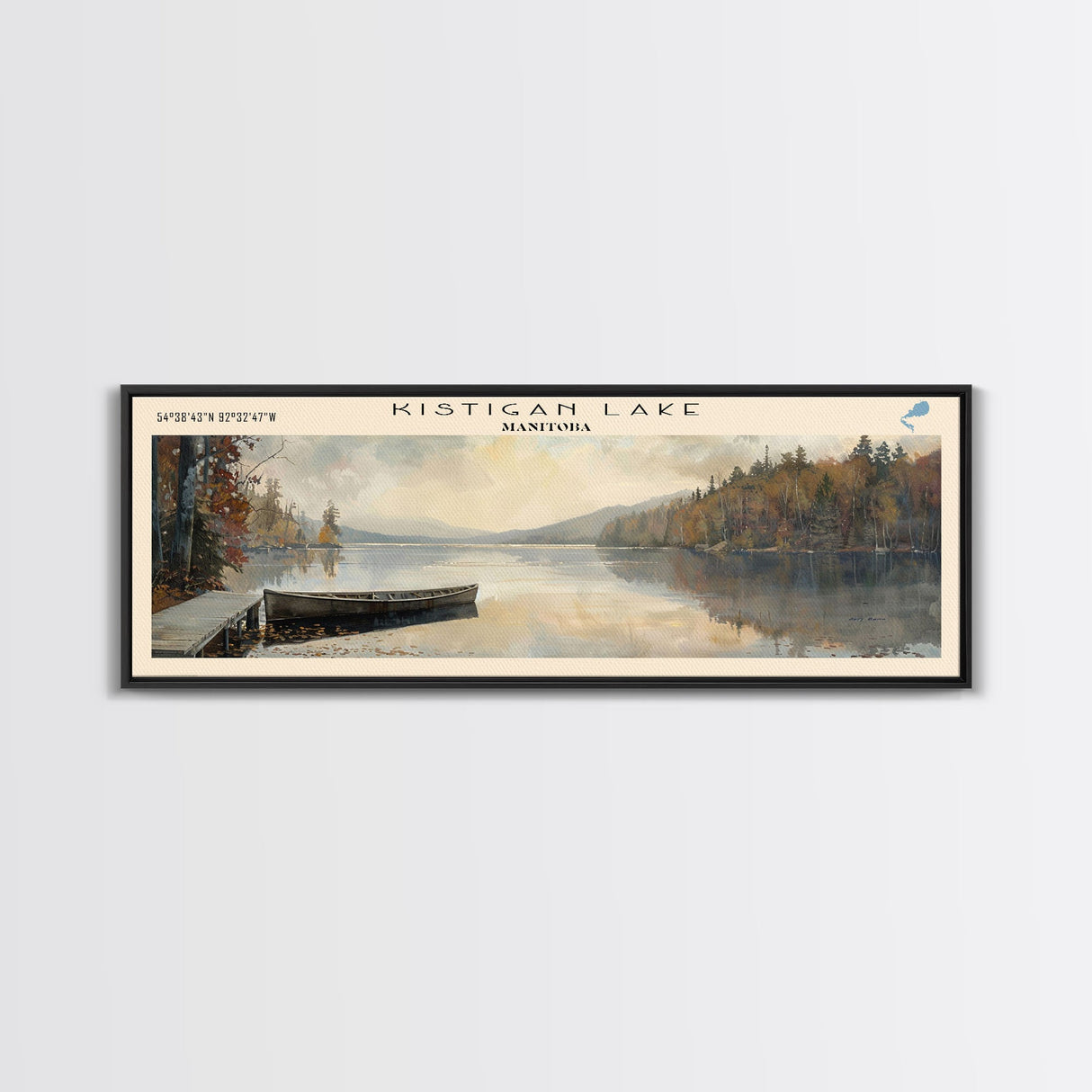 Kistigan Lake Framed Canvas Print, Lake House Decor, Panoramic Wall Art, Travel Poster, Beautiful Lake Painting, Nature Art