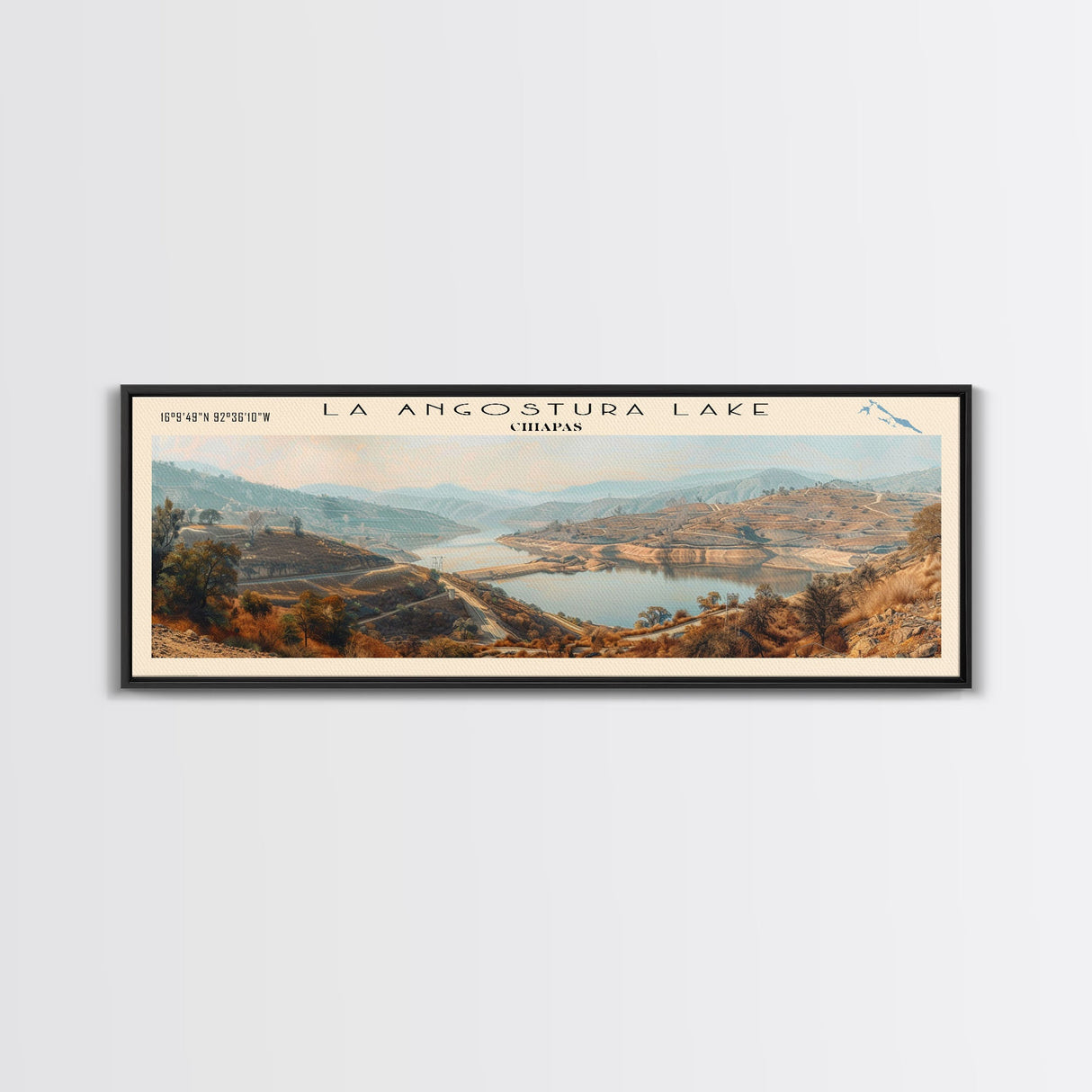 La Angustura Dam Framed Canvas Print, Lake House Art, Panoramic Wall Art, Travel Poster, Beautiful Lake Painting, Home Decor