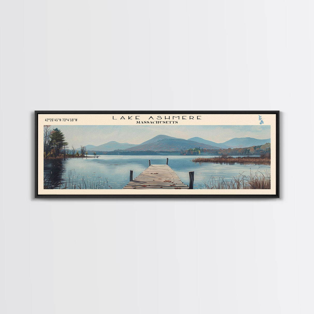 Lake Ashmere Massachusetts Framed Canvas Print, Panoramic Lake House Decor, Wall Art, Travel Poster, Captivating Lake Painting, Nature Art