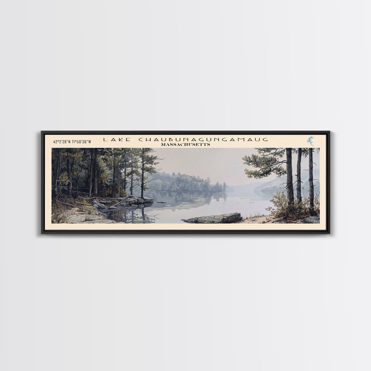 Lake Chaubunagungamaug Framed Canvas Print, Lake House Decor, Panoramic Wall Art, Travel Poster, Beautiful Lake Painting, Home Art