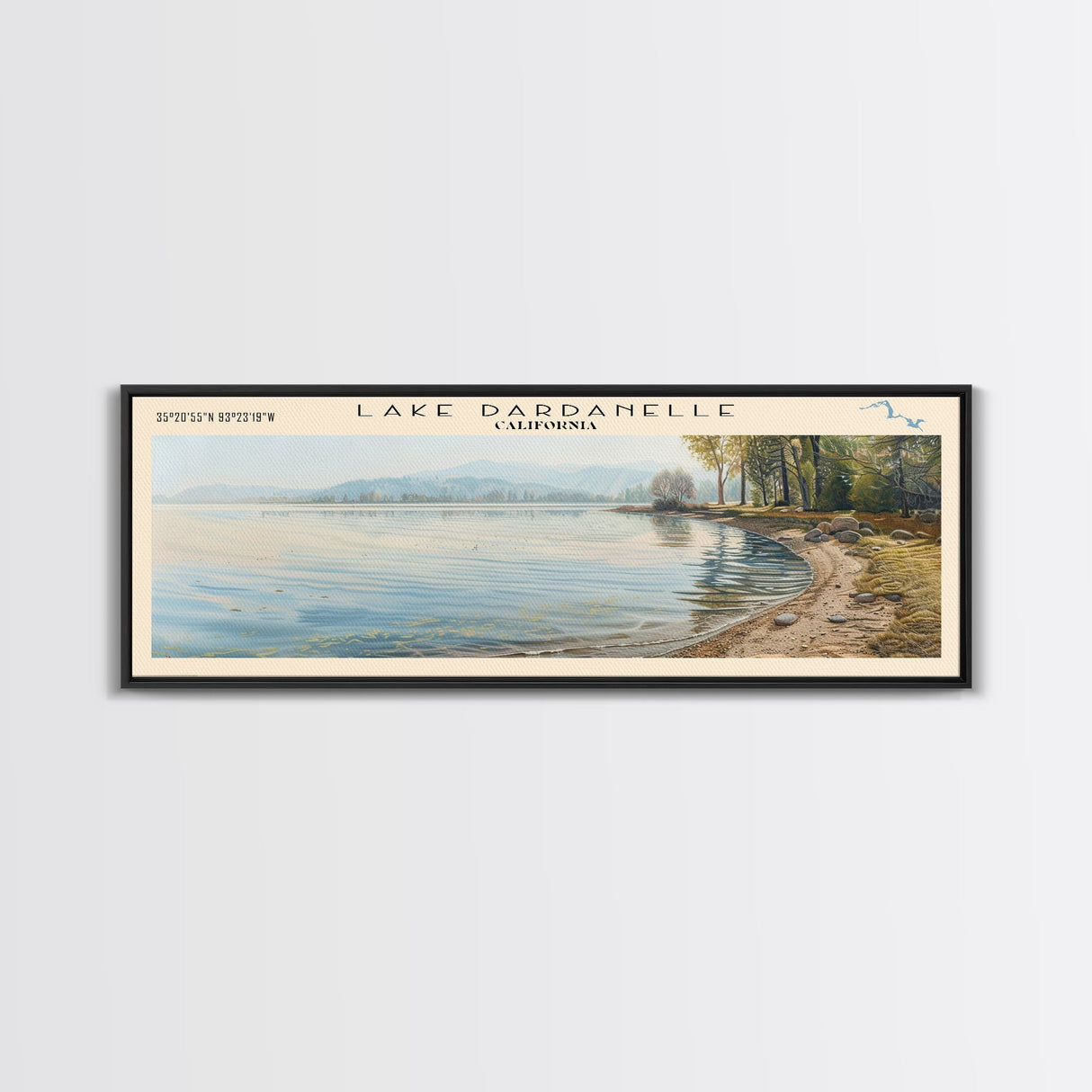 Lake Dardanelle California Framed Canvas Print, Lake House Decor, Panoramic Wall Art, Travel Poster, Scenic Landscape Painting, Nature Art