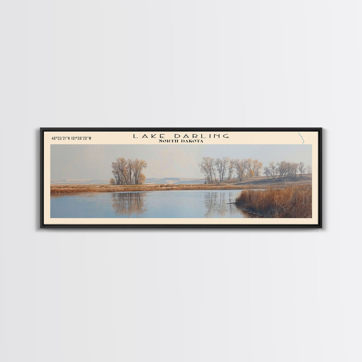 Lake Darling North Dakota Framed Canvas Print, Lake House Decor, Panoramic Wall Art, Travel Poster, Serene Lake Painting, Home Art