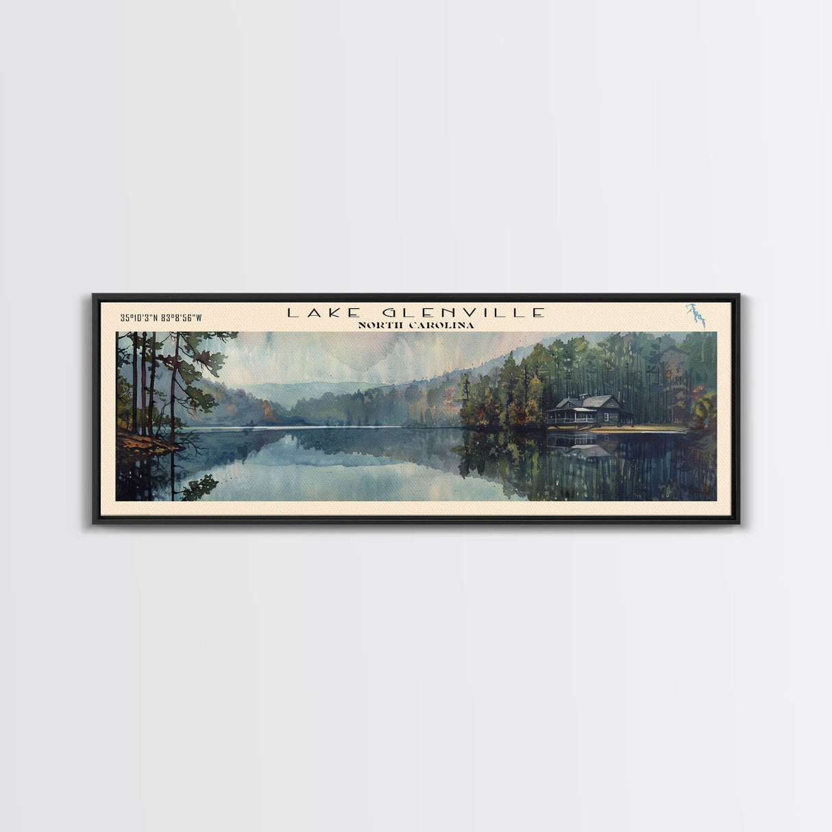 Lake Glenville North Carolina Framed Canvas Print, Lake House Decor, Panoramic Wall Art, Travel Poster, Scenic Lake Painting, Nature Art