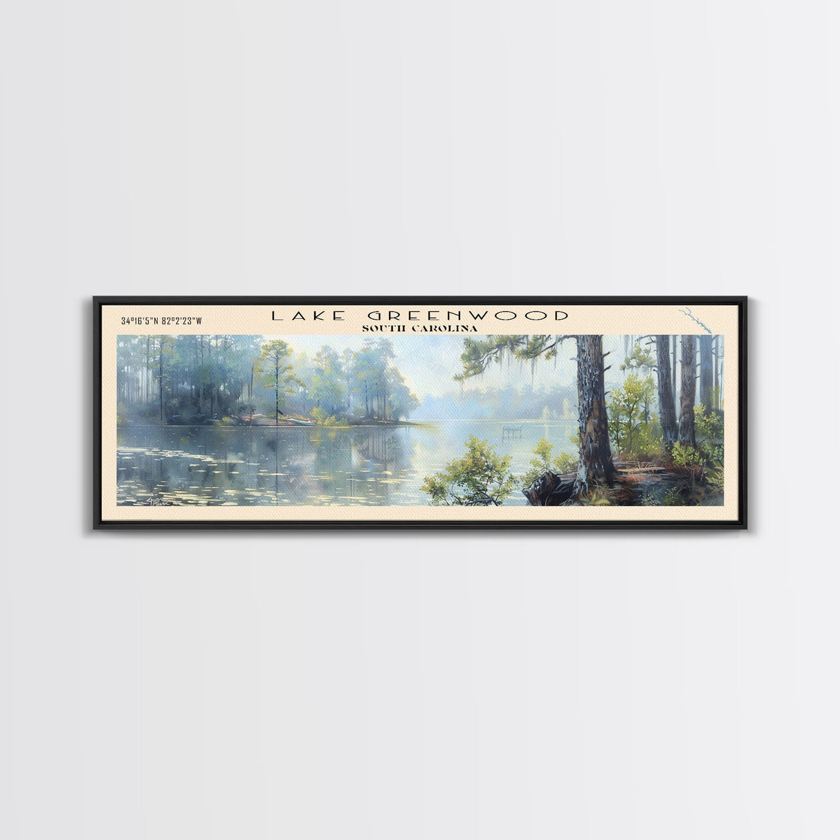 Lake Greenwood South Carolina Framed Canvas Print, Lake House Decor, Panoramic Wall Art, Travel Poster, Scenic Landscape Painting, Nature Art