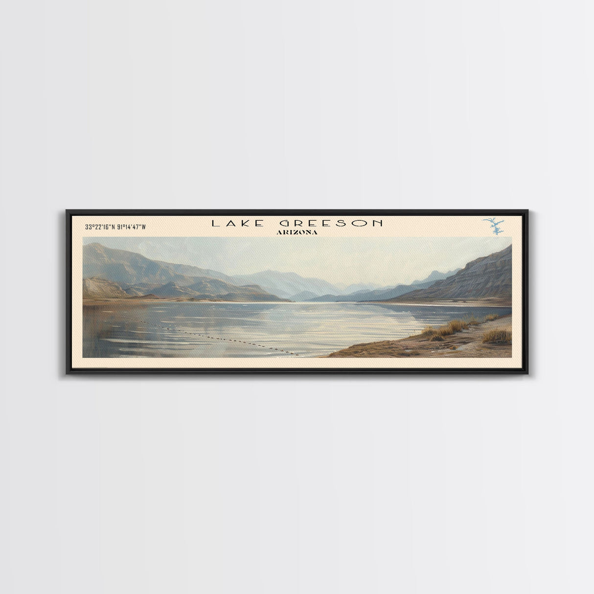 Lake Greeson Arizona Framed Canvas Print, Lake House Decor, Panoramic Wall Art, Travel Poster, Serene Lake Painting, Home Art