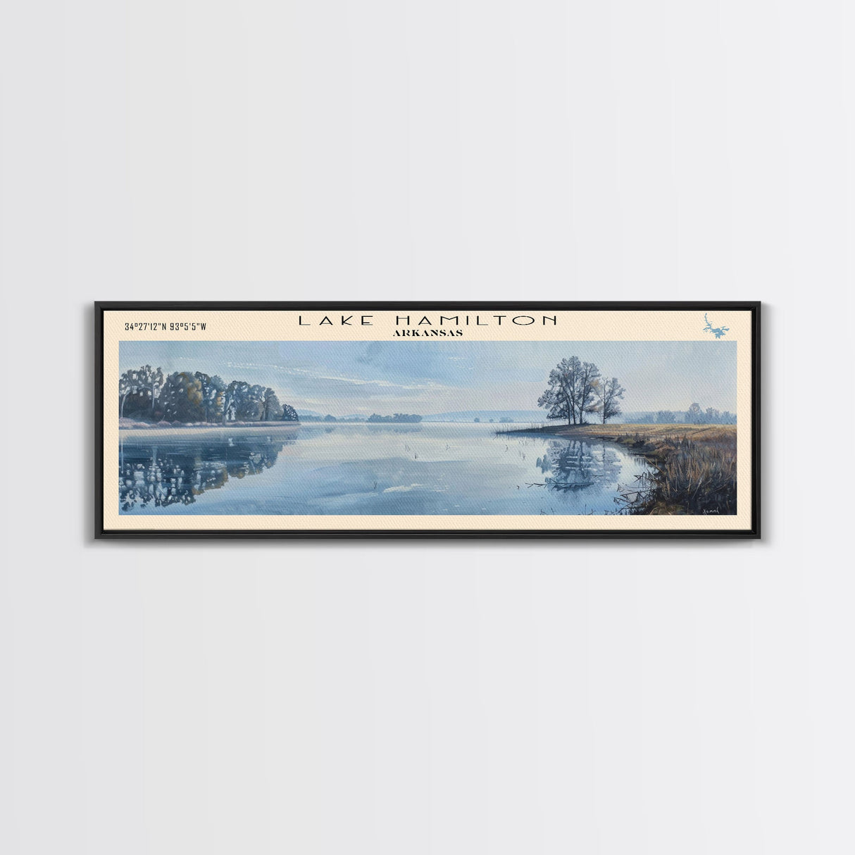 Lake Hamilton Arkansas Framed Canvas Print, Lake House Decor, Panoramic Wall Art, Travel Poster, Beautiful Lake Painting, Home Art