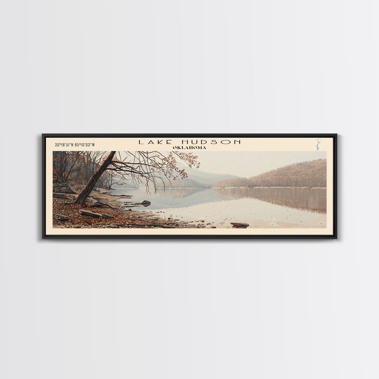 Lake Hudson Oklahoma Framed Canvas Print, Lake House Decor, Panoramic Wall Art, Travel Poster, Serene Lake Painting, Nature Art