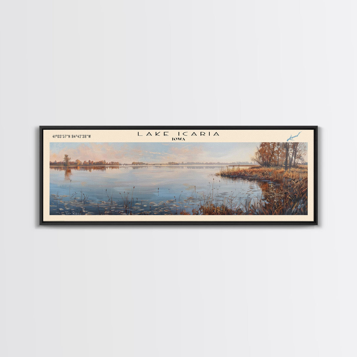 Lake Icaria Iowa Framed Canvas Print, Lake House Decor, Panoramic Wall Art, Travel Poster, Beautiful Lake Painting, Nature Art