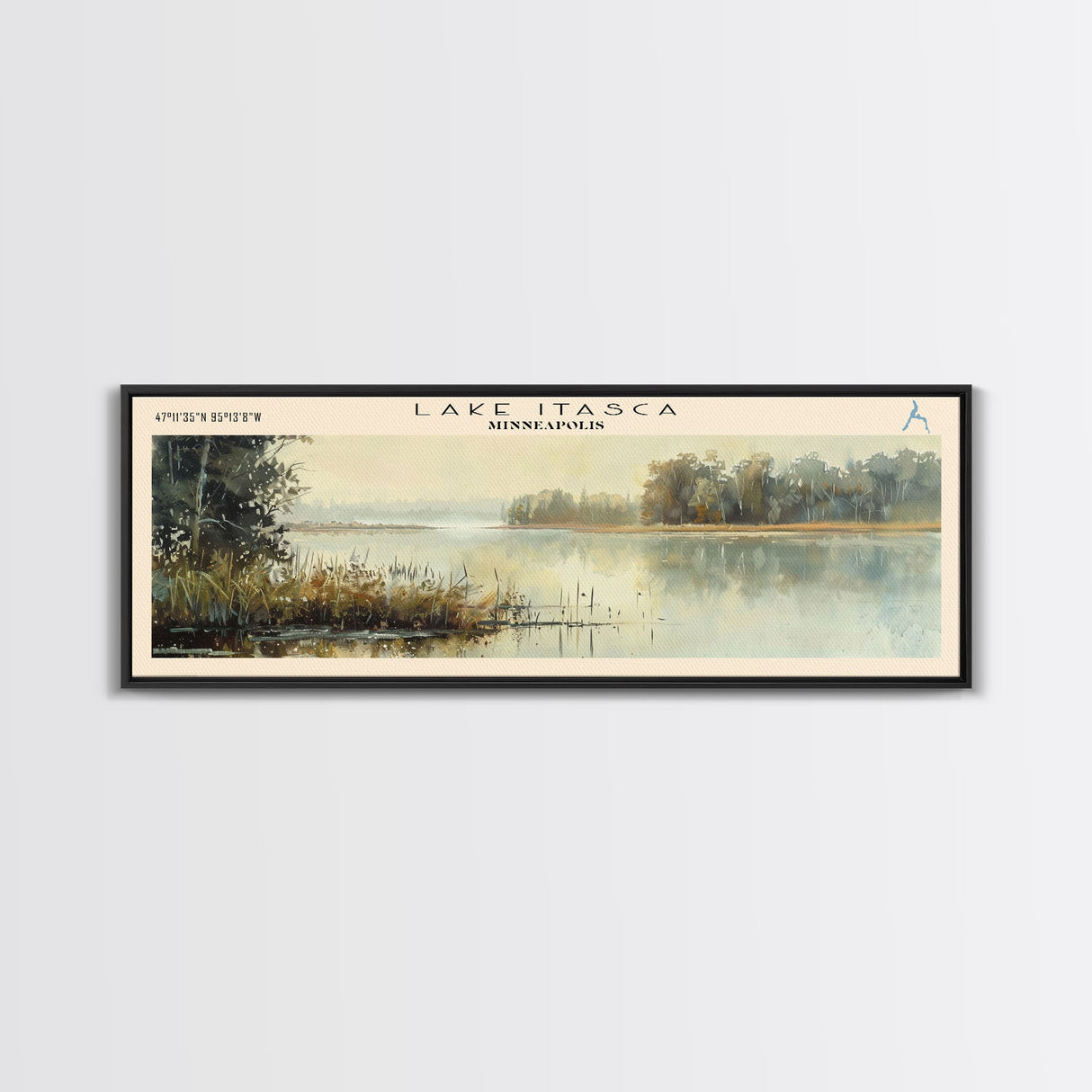 Lake Itasca Minneapolis Framed Canvas Print, Lake House Decor, Panoramic Wall Art, Travel Poster, Serene Lake Painting, Nature Art