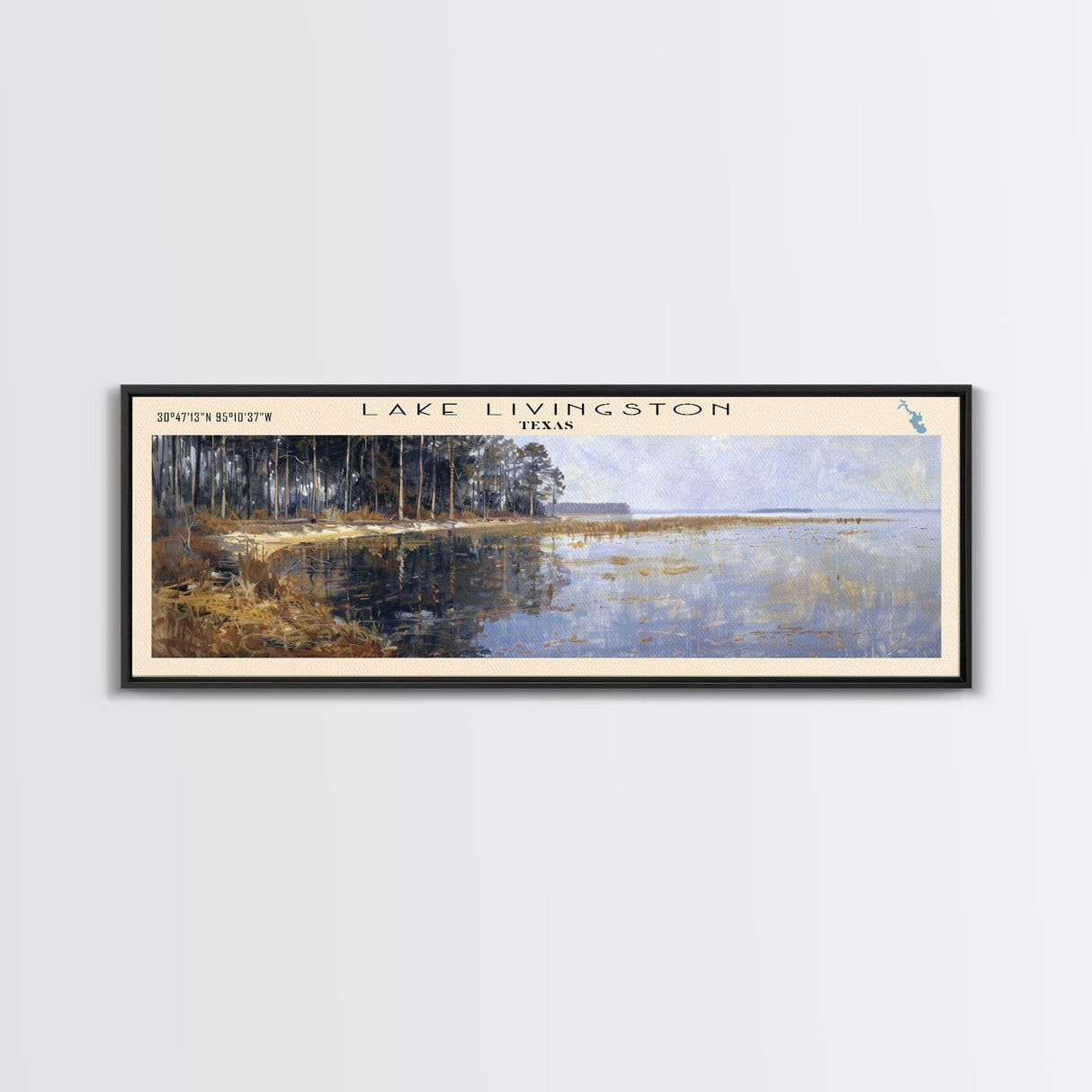 Lake Livingston Texas Framed Canvas Print, Lake House Decor, Panoramic Wall Art, Travel Poster, Scenic Lakeside Painting, Nature Print