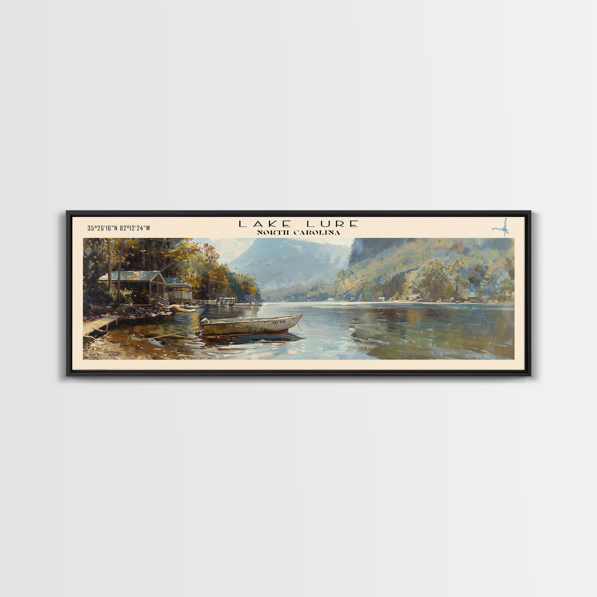 Lake Lure North Carolina Framed Canvas Print, Lake House Decor, Panoramic Wall Art, Travel Poster, Peaceful Lakeside Painting, Boho Art