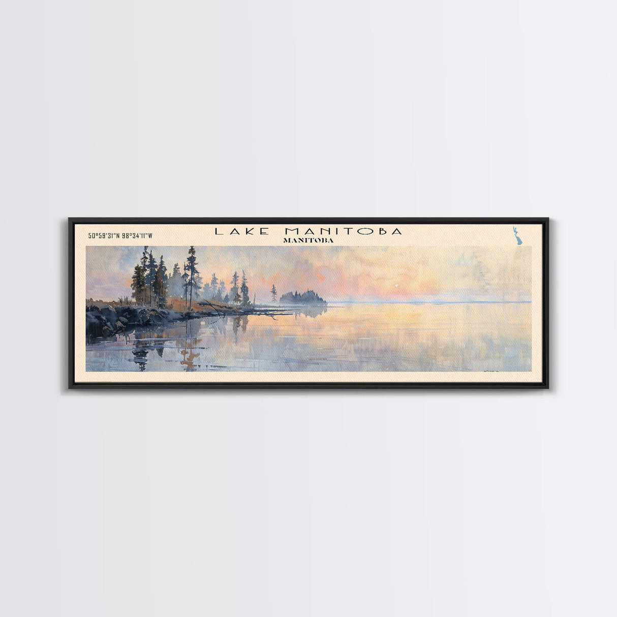 Lake Manitoba Framed Canvas Print, Lake House Decor, Panoramic Wall Art, Travel Poster, Stunning Lake Painting, Modern Art