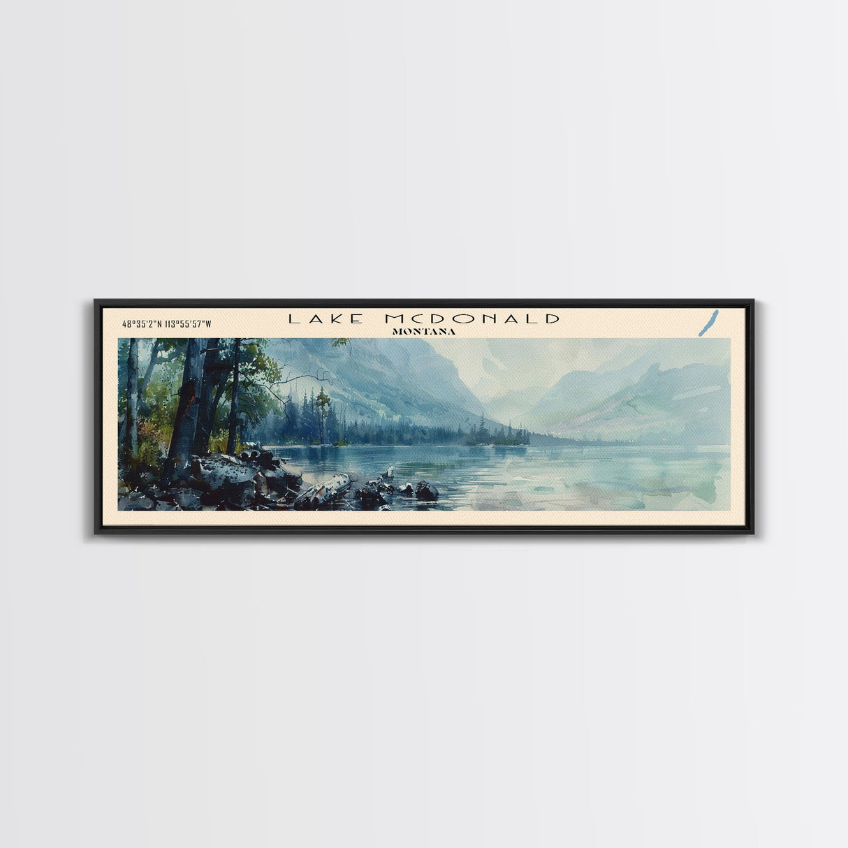 Lake McDonald Montana Framed Canvas Print, Lake House Decor, Panoramic Wall Art, Travel Poster, Scenic Landscape Painting, Bedroom Decor