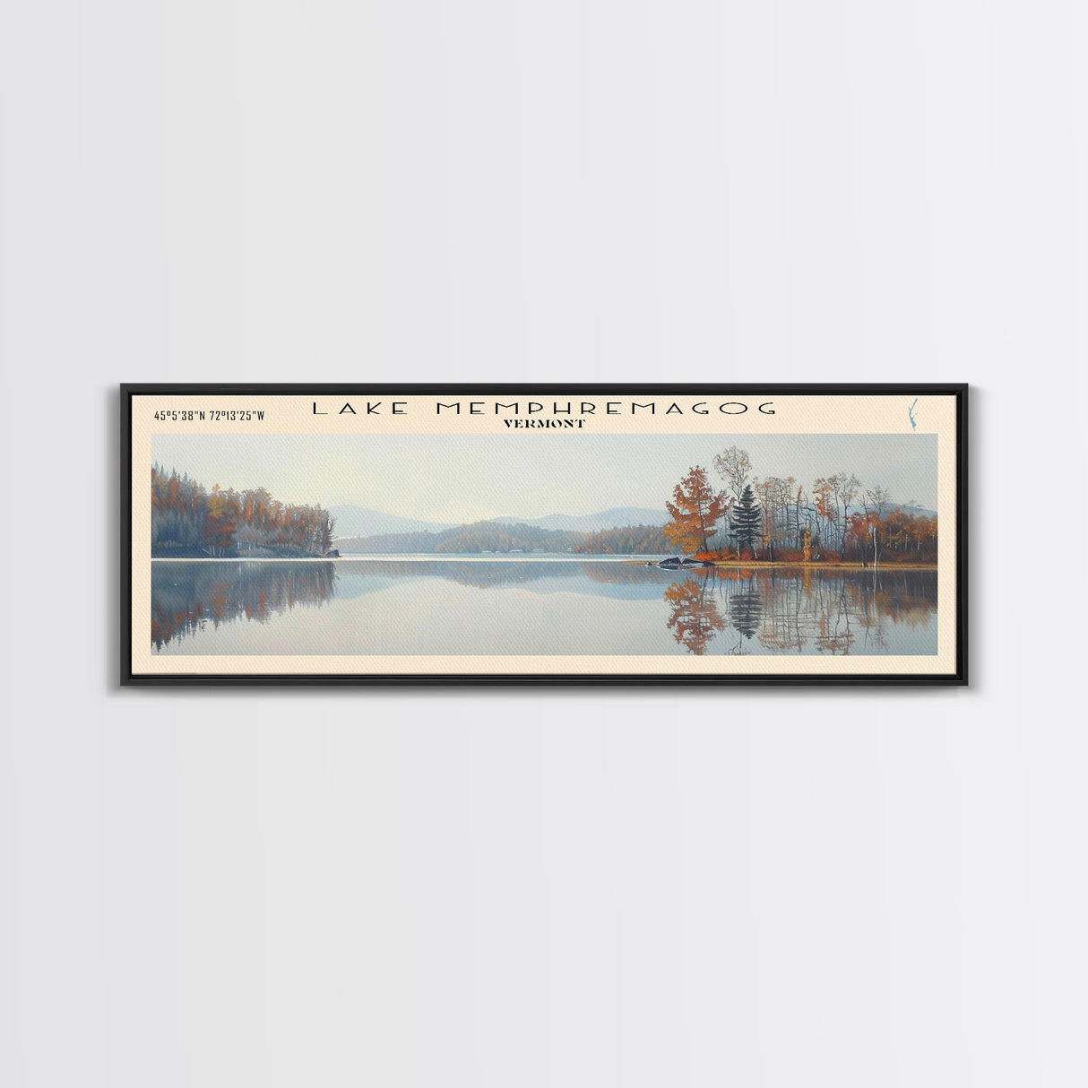 Lake Memphremagog Vermont Framed Canvas Print, Lake House Decor, Panoramic Wall Art, Travel Poster, Beautiful Landscape Painting, Bedroom Decor