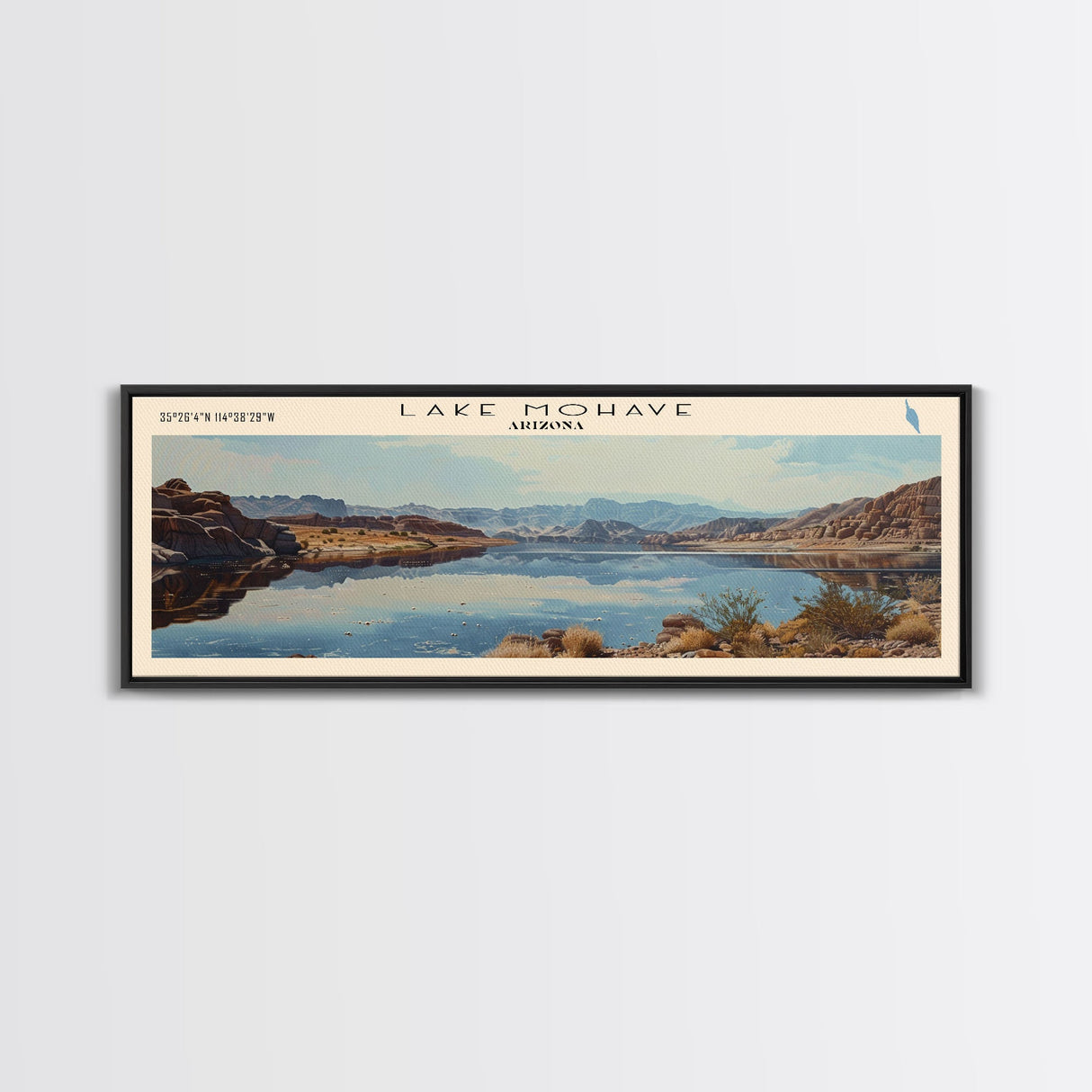 Lake Mohave Arizona Framed Canvas Print, Lake House Decor, Panoramic Wall Art, Travel Poster, Beautiful Landscape Painting, Bedroom Decor