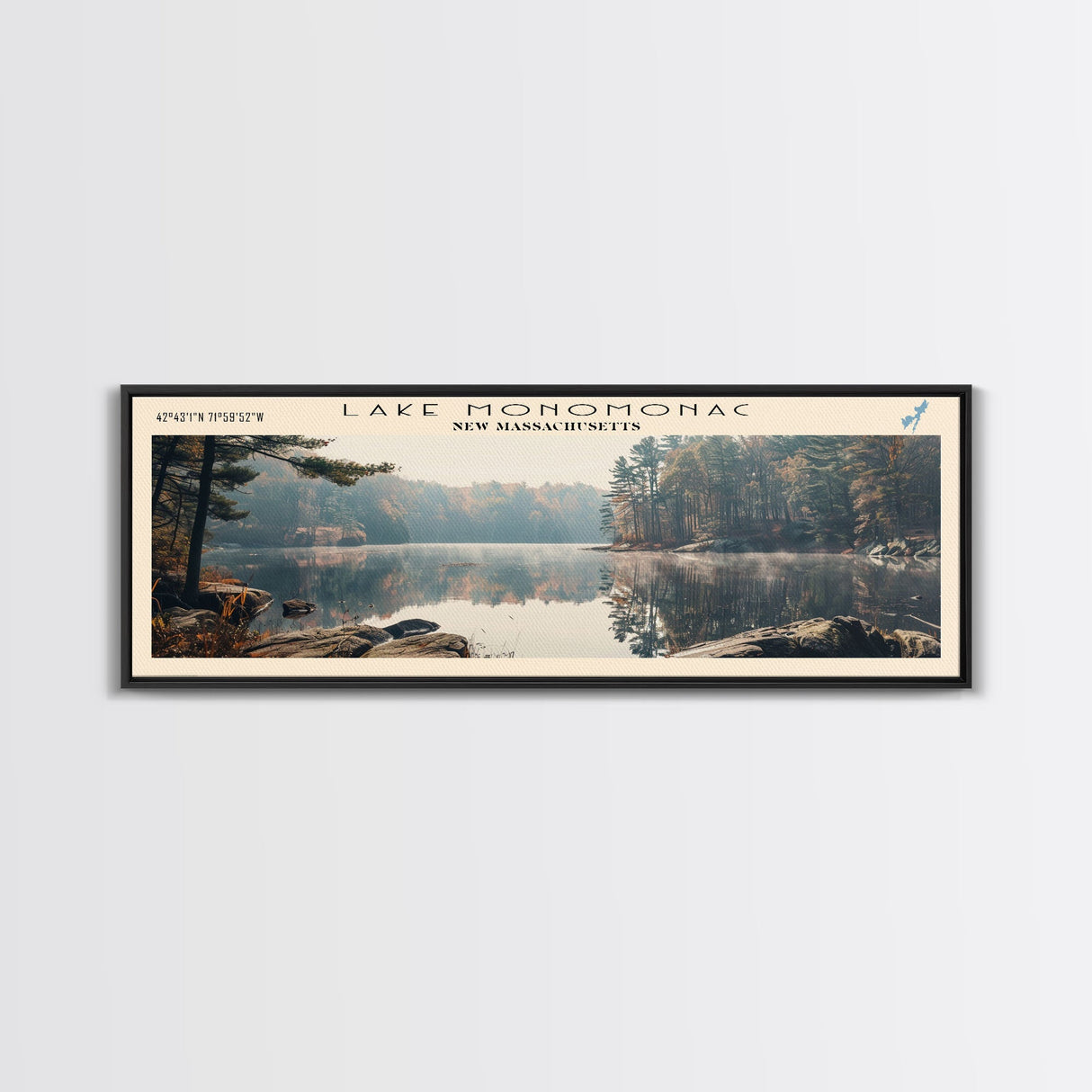 Lake Monomonac Massachusetts Framed Canvas Print, Lake House Decor, Panoramic Wall Art, Travel Poster, Stunning Landscape Painting, Living Room Decor