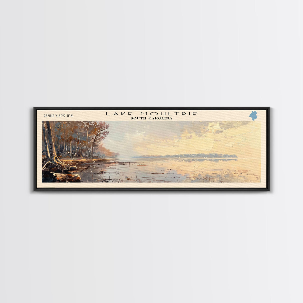 Lake Moultrie Framed Canvas Print, Lake House Decor, Panoramic Wall Art, Travel Poster, Scenic Landscape Painting, Living Room Decor