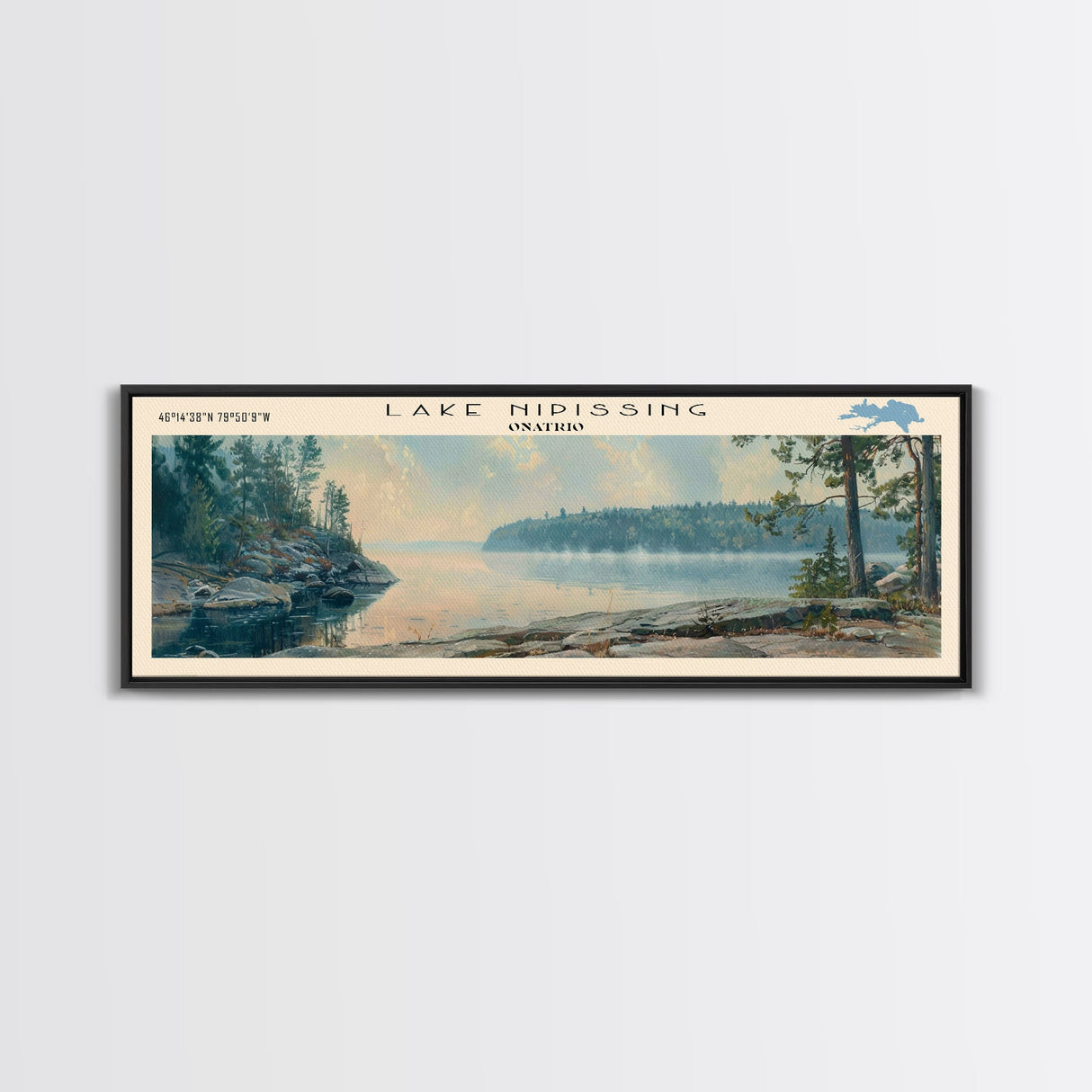 Lake Nipissing Framed Canvas Print, Lake House Decor, Panoramic Wall Art, Travel Poster, Beautiful Landscape Painting, Living Room Decor