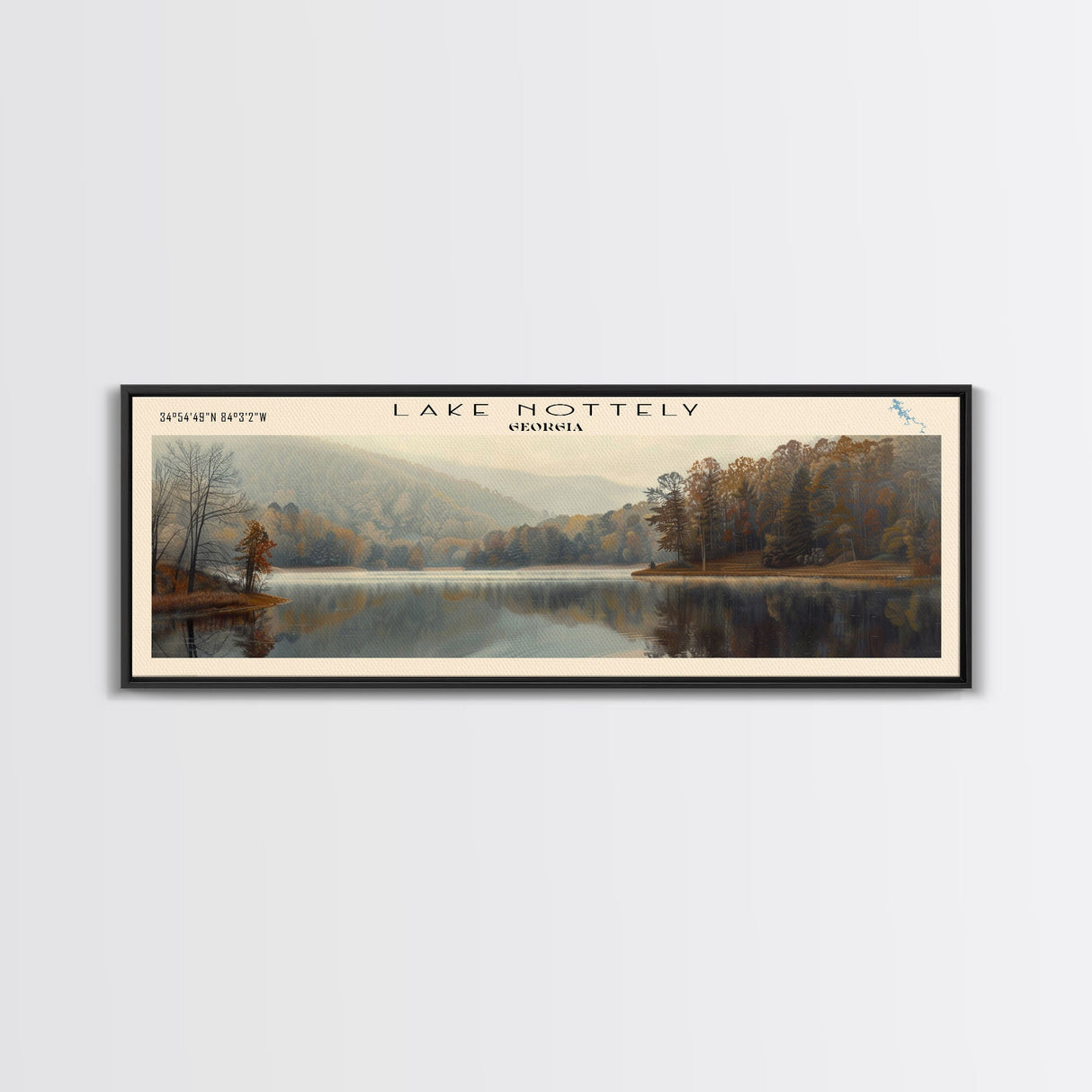 Lake Nottely Georgia Framed Canvas Print, Lake House Decor, Panoramic Wall Art, Travel Poster, Beautiful Landscape Painting, Rustic Art