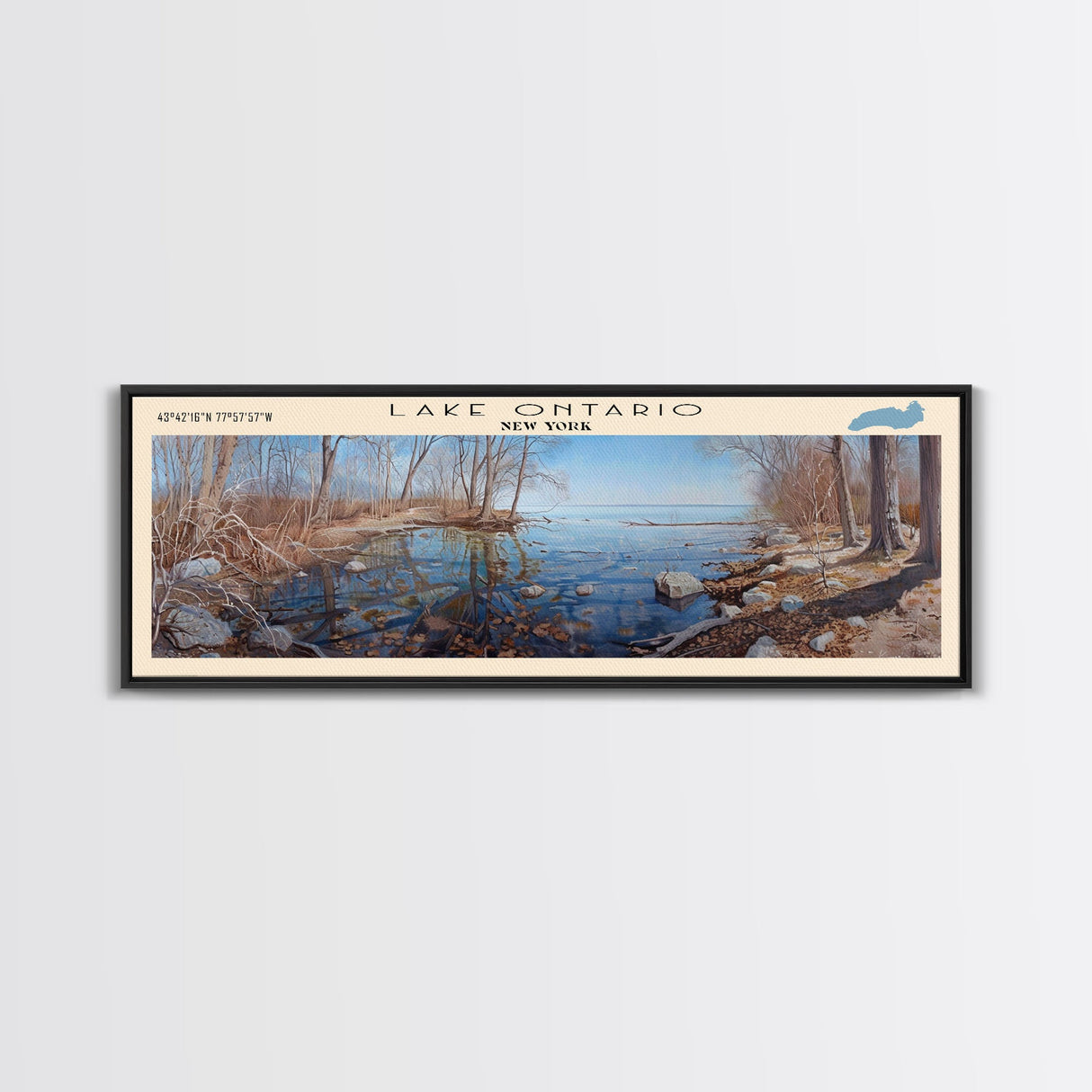 Lake Ontario Framed Canvas Print, Lake House Decor, Panoramic Wall Art, Travel Poster, Serene Landscape Painting, Rustic Art