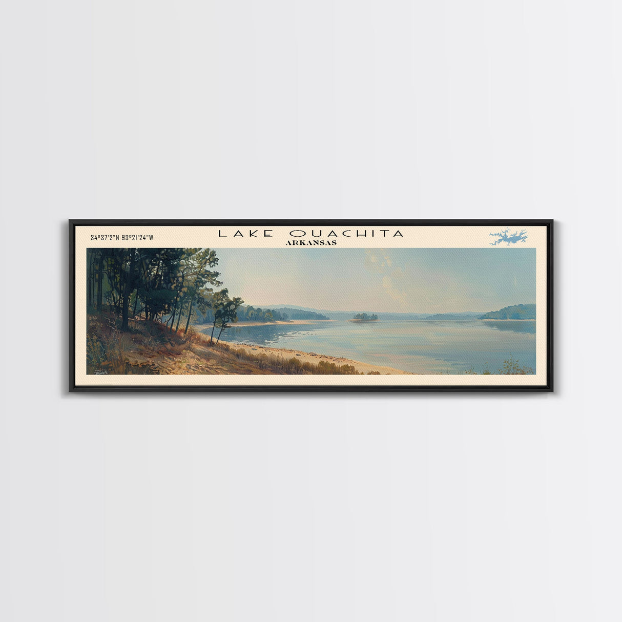 Lake Ouachita Arkansas Framed Canvas Print, Lake House Decor, Panoramic Wall Art, Travel Poster, Scenic Landscape Painting, Living Room Decor