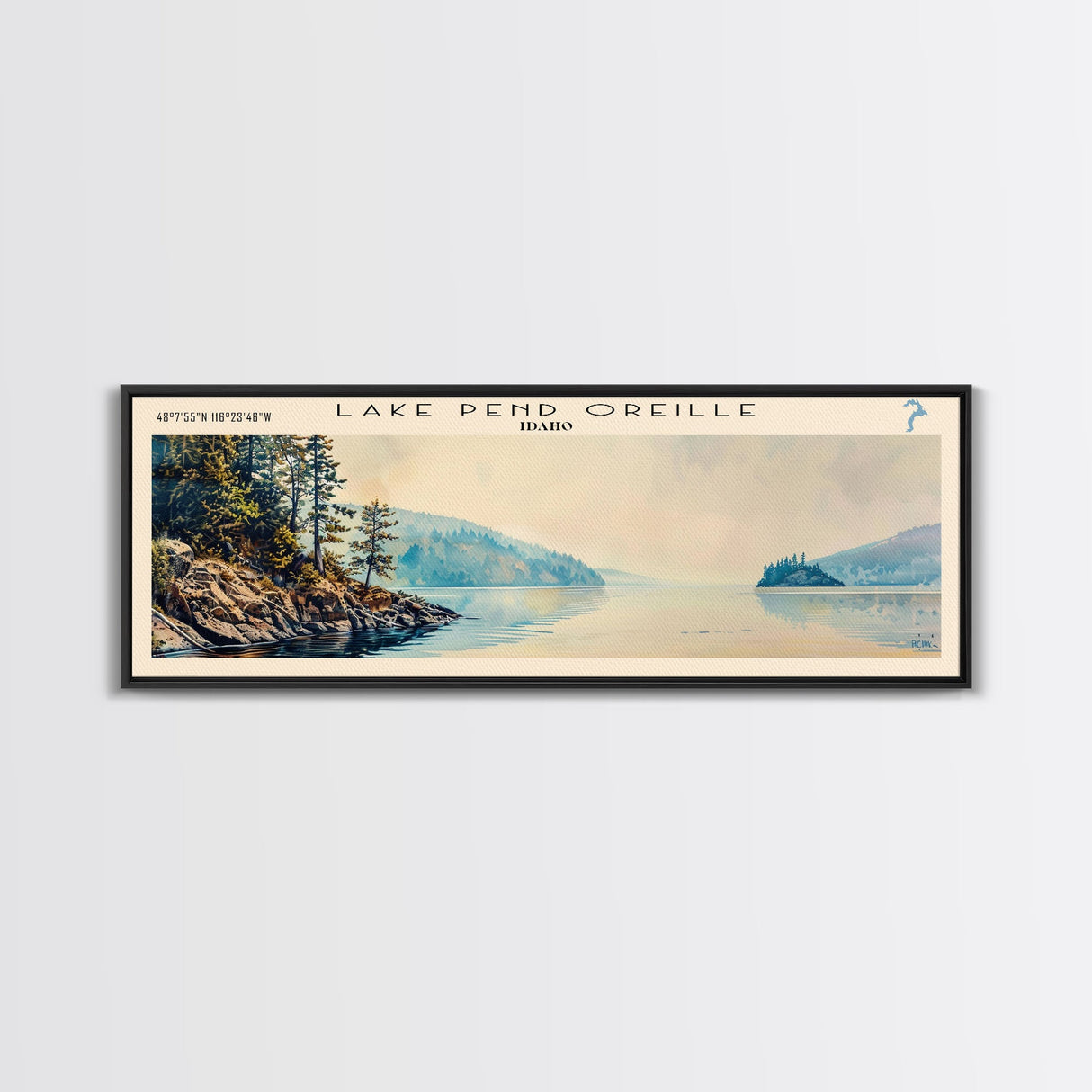 Lake Pendreille Framed Canvas Print, Lake House Decor, Panoramic Wall Art, Travel Poster, Beautiful Landscape Painting, Modern Art