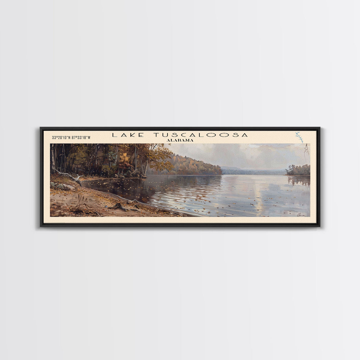 Lake Tuscaloosa Alabama Framed Canvas Print, Lake House Decor, Panoramic Wall Art, Travel Poster, Scenic Landscape Painting, Living Room Decor