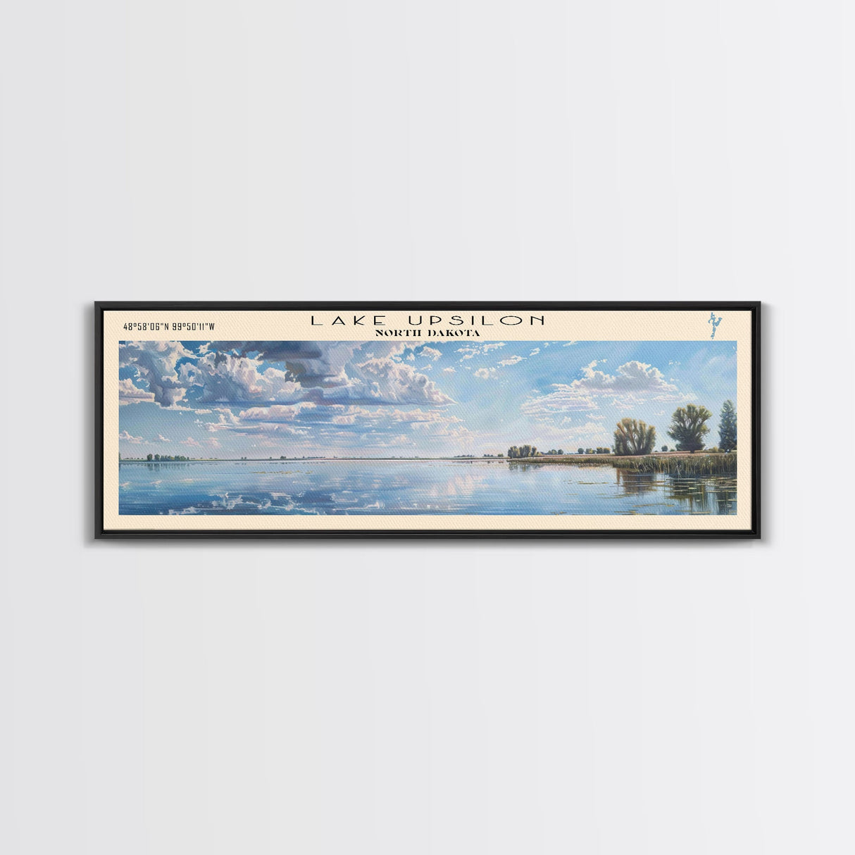 Lake Upsilon North Dakota Framed Canvas Print, Lake House Decor, Panoramic Wall Art, Travel Poster, Beautiful Landscape Painting, Modern Art