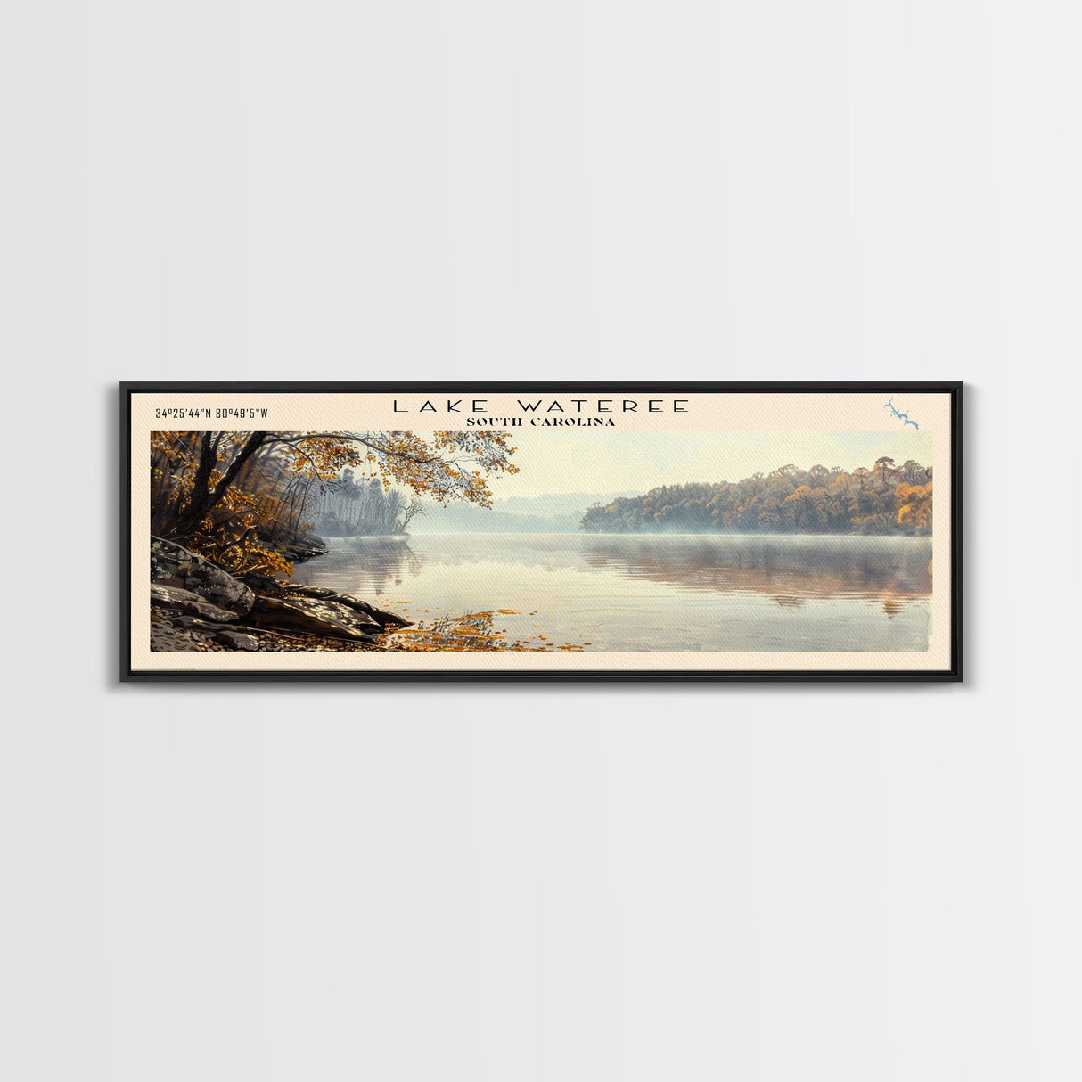 Lake Wateree South Carolina Framed Canvas Print, Lake House Decor, Panoramic Wall Art, Travel Poster, Beautiful Landscape Painting, Modern Art