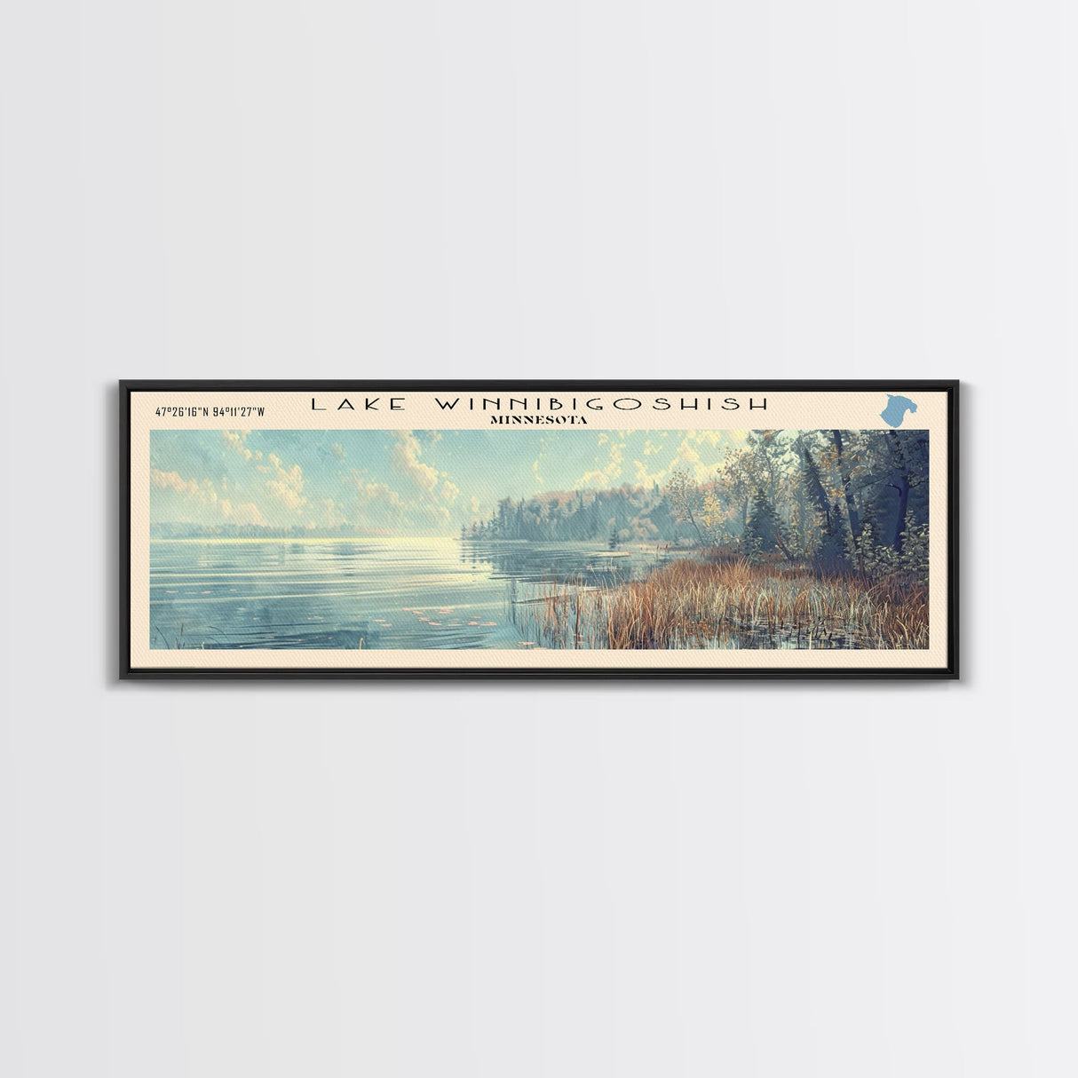 Lake Winnibigoshish Framed Canvas Print, Lake House Decor, Panoramic Wall Art, Travel Poster, Landscape Painting, Bedroom Decor