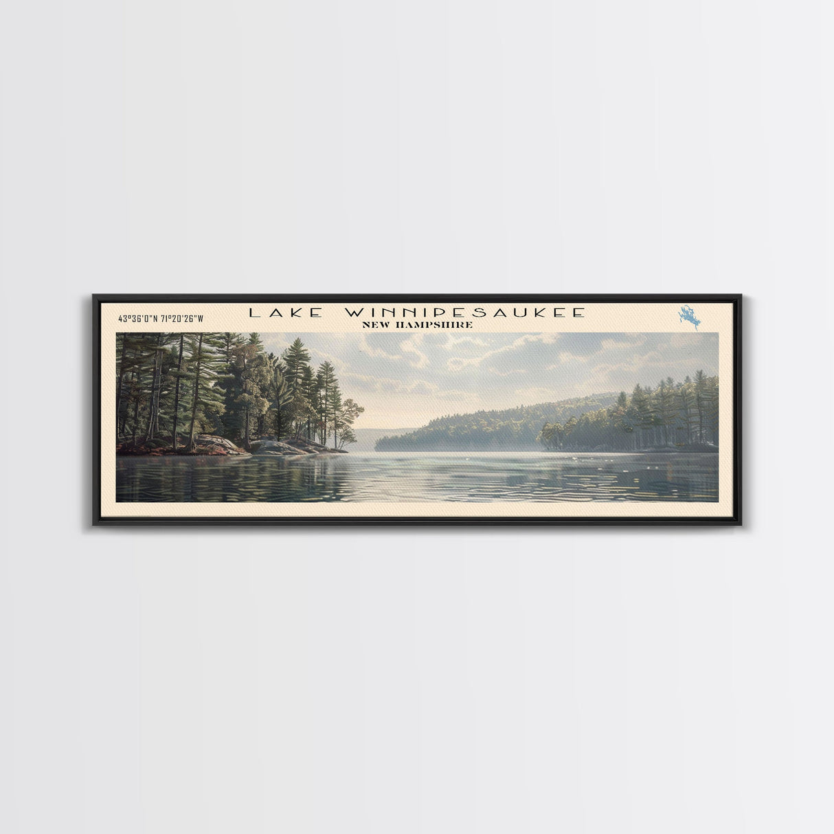 Lake Winnipesaukee Framed Canvas Print, Lake House Decor, Panoramic Wall Art, Travel Poster, Landscape Painting, Modern Art