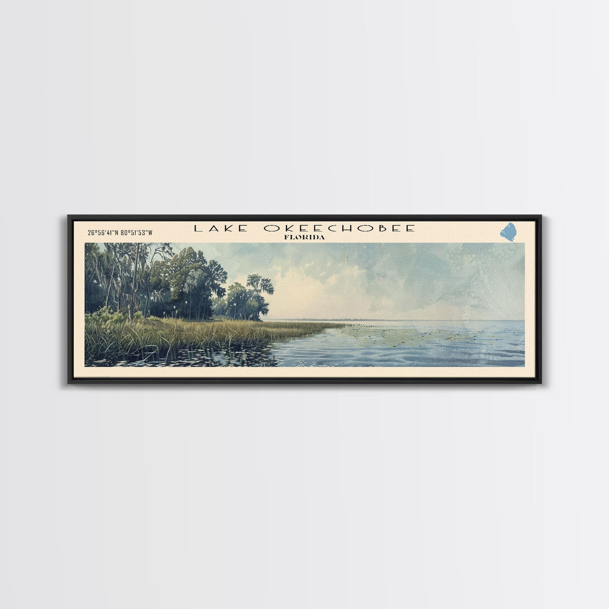 Lake Keechobee Framed Canvas Print, Lake House Decor, Panoramic Wall Art, Travel Poster, Serene Lake Painting, Nature Art